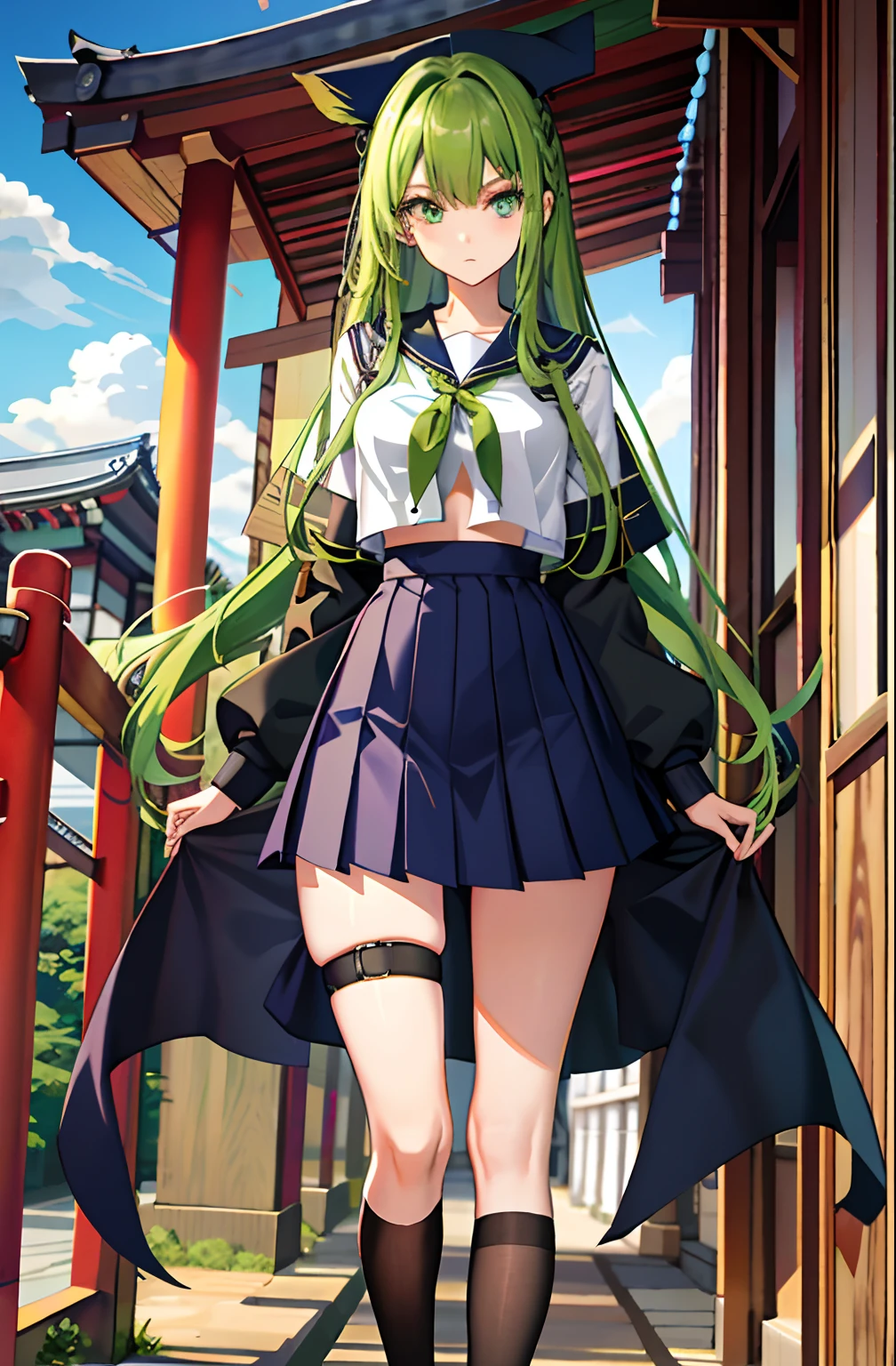 Kizi, highr, high school senior,pupils,Green hair,Green hair color,Bluish cast, Open chest and breasts,Blue_and_Green hair, Detailed beautiful eyes,navy blue eyes, evilsmile, medium boob, Open navel,Bigchest ,Big breasts Thin waist,teens girl,Tsundere,haughty,medium thigh,Fleshy legs, Long legs,校服, Japan School Uniform,JK school uniform,Long black stockings,Hi Silk, Detailed clothes, tmasterpiece,charact,Dejected,Hi Yinran,Dull hair,