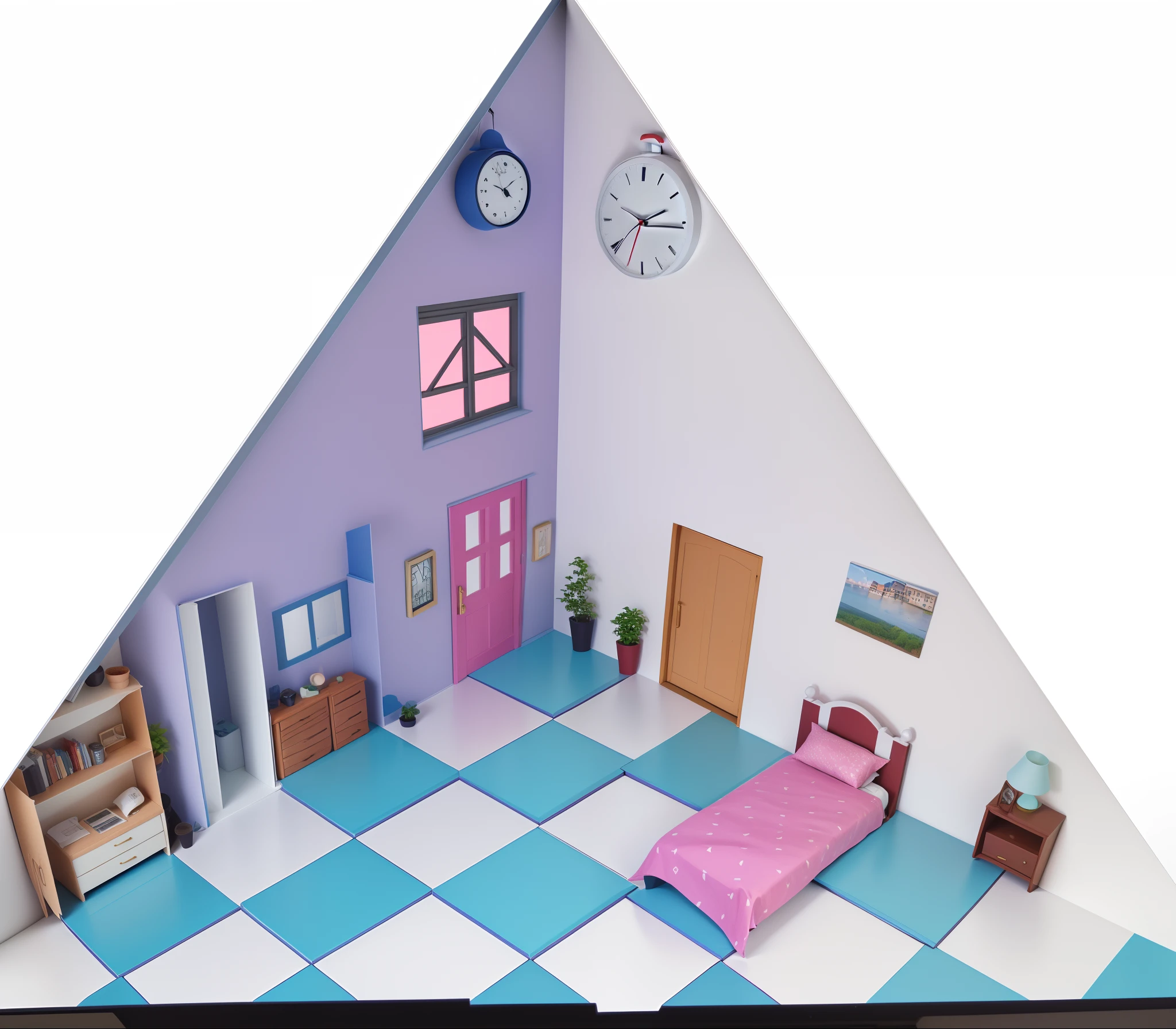 Close-up of paper model of house with clock, puzzle-like room, 3 d point perspective, 3 point perspective, paper craft low poly, three point perspective, 2 point perspective, three point perspective, 6 point perspective, one-point perspective, deep 3 point perspective, inside a child's bedroom, 5 point perspective, extreme three point perspective,Two potted plants on the left and right in front of the door