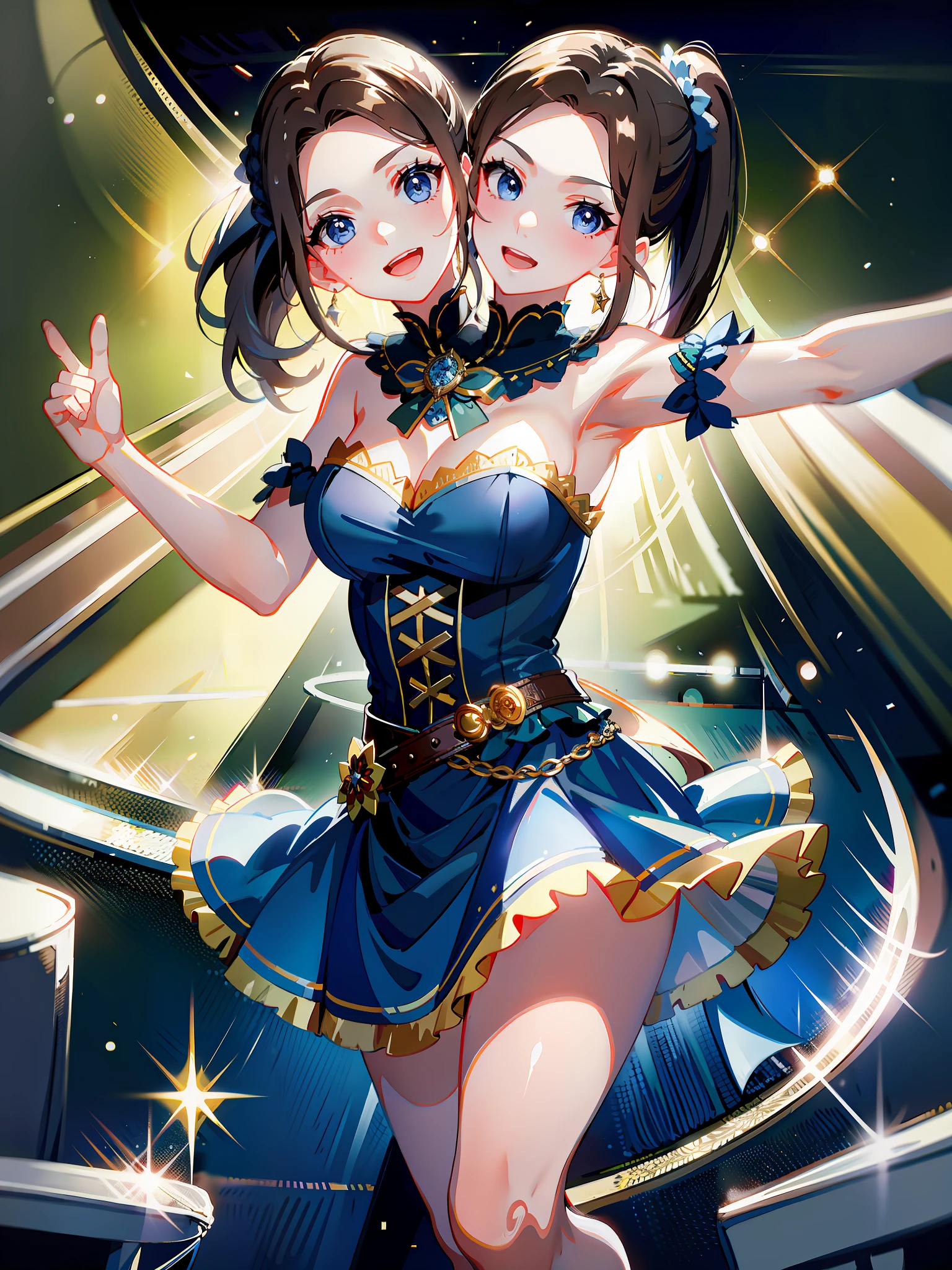 (masterpiece, best quality), best resolution, (2heads:1.5), 1girl, singing, brown hair, ponytail, blue eyes, blue idol dress, frenetic dancing pose, stage, brilliant lights