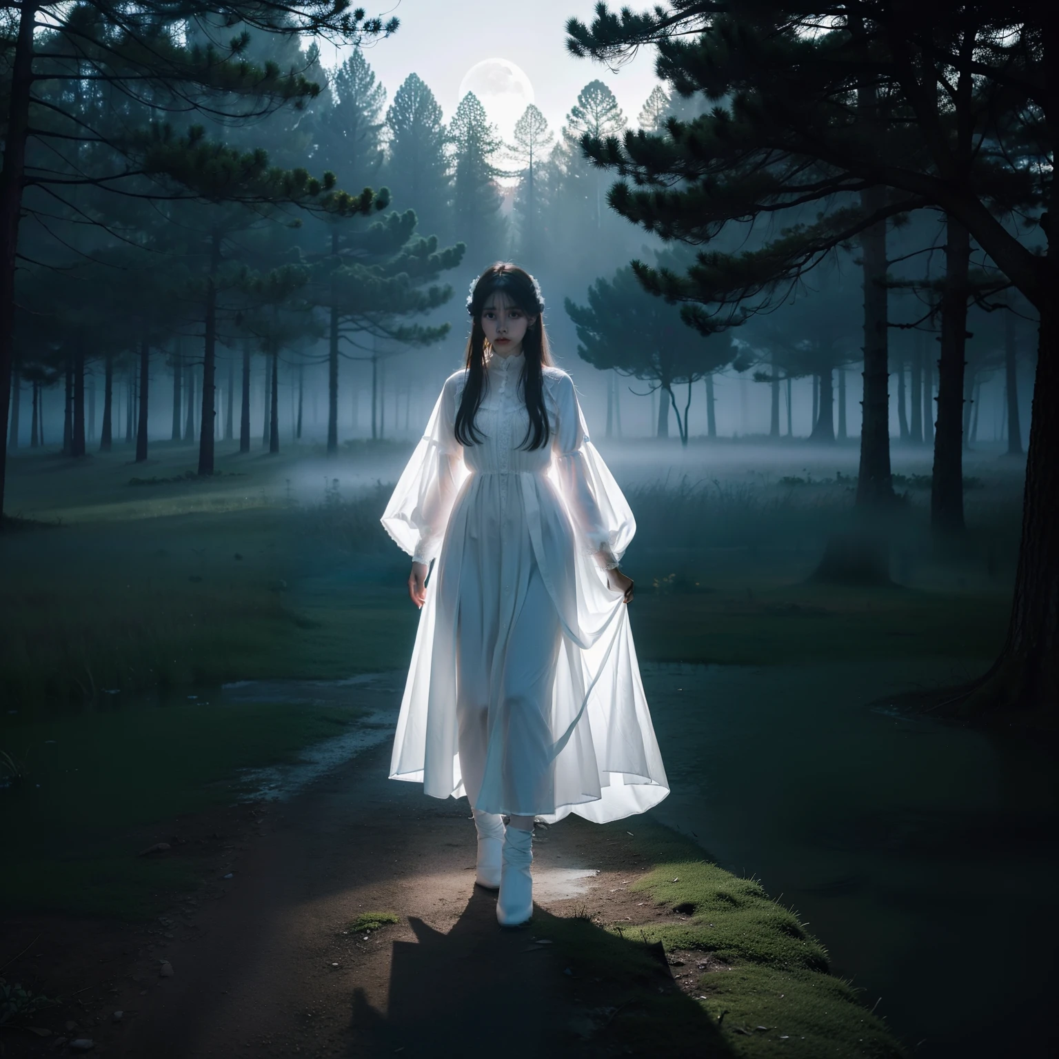 a beauty girl、full body Esbian、ghosts、Grave、Moonlight、white clothes、White Ghost、haunted、
horor、roto、Distorted、Skysky、Foggy、fumo、dark forest、shadowy creatures、
masterpiece、超A high resolution、hightquality、lighting like a movie、
