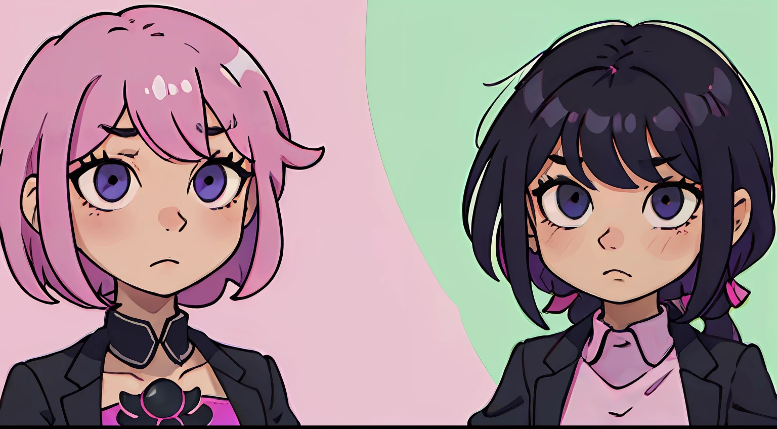 Group of 3 pink hair pink eyes breast short black and green hair (somtimes bangs), and then black suit