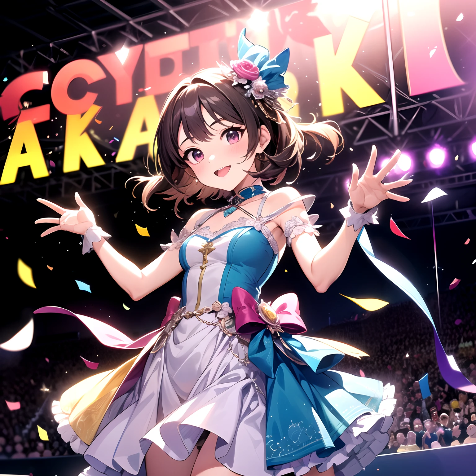 idol girl in a dress dancing on stage with confetti, a picture by Kamagurka, pixiv contest winner, conceptual art, nightcore, splash art anime , sparkling magical girl, best anime 4k konachan wallpaper, anime moe artstyle, detailed key anime art, official artwork, idolmaster, cute, pretty in dress