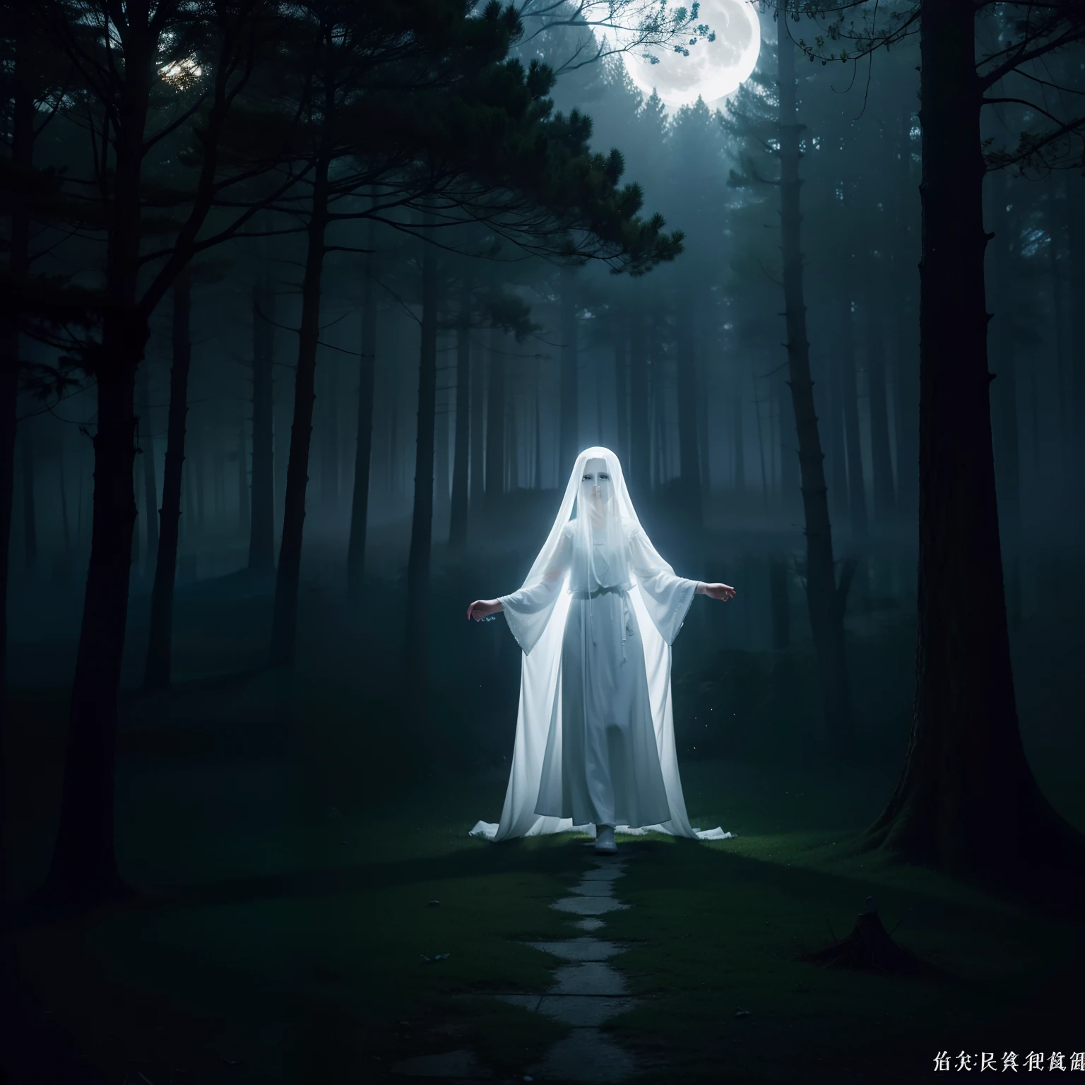 a beauty girl、full body Esbian、ghosts、Grave、Moonlight、white  clothes、White Ghost、haunted、
horor、roto、Distorted、Skysky、Foggy、fumo、dark  forest、shadowy creatures、
​masterpiece、超A high resolution、hightquality、lighting like a movie、