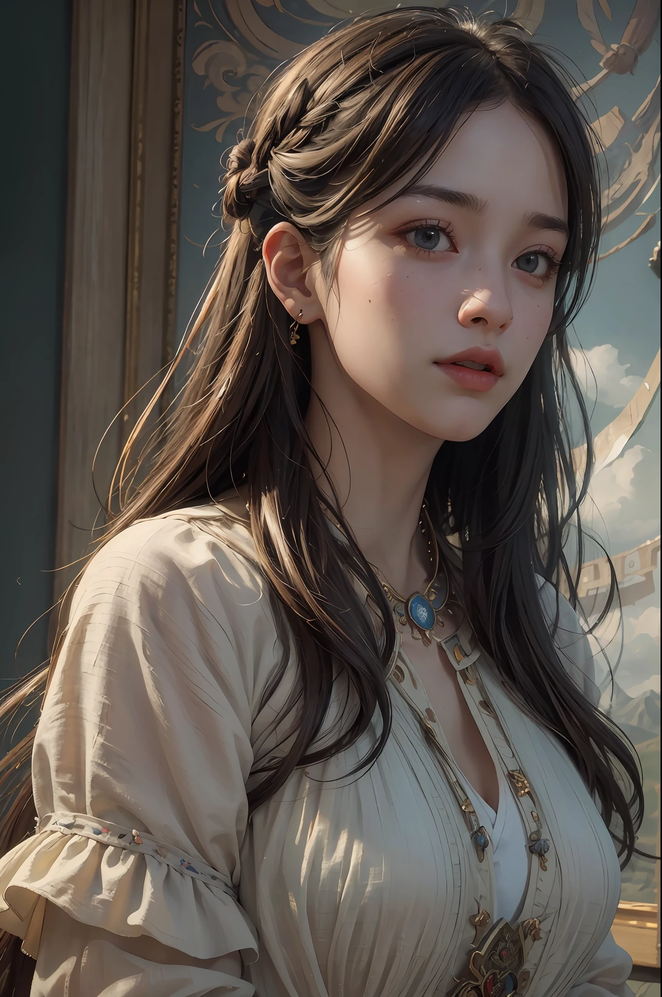 (RAW photo, best quality), (realistic, photo-realistic:1.3),best quality,highly detailed,masterpiece,ultra-detailed,illustration,1girl,upper_body,dynamic angle,world masterpiece theater,messy_long_hair,best quality,extremely detailed CG unity 8k wallpaper,ink,Amazing,cinematic lighting,lens_flare,,dunhuang_style