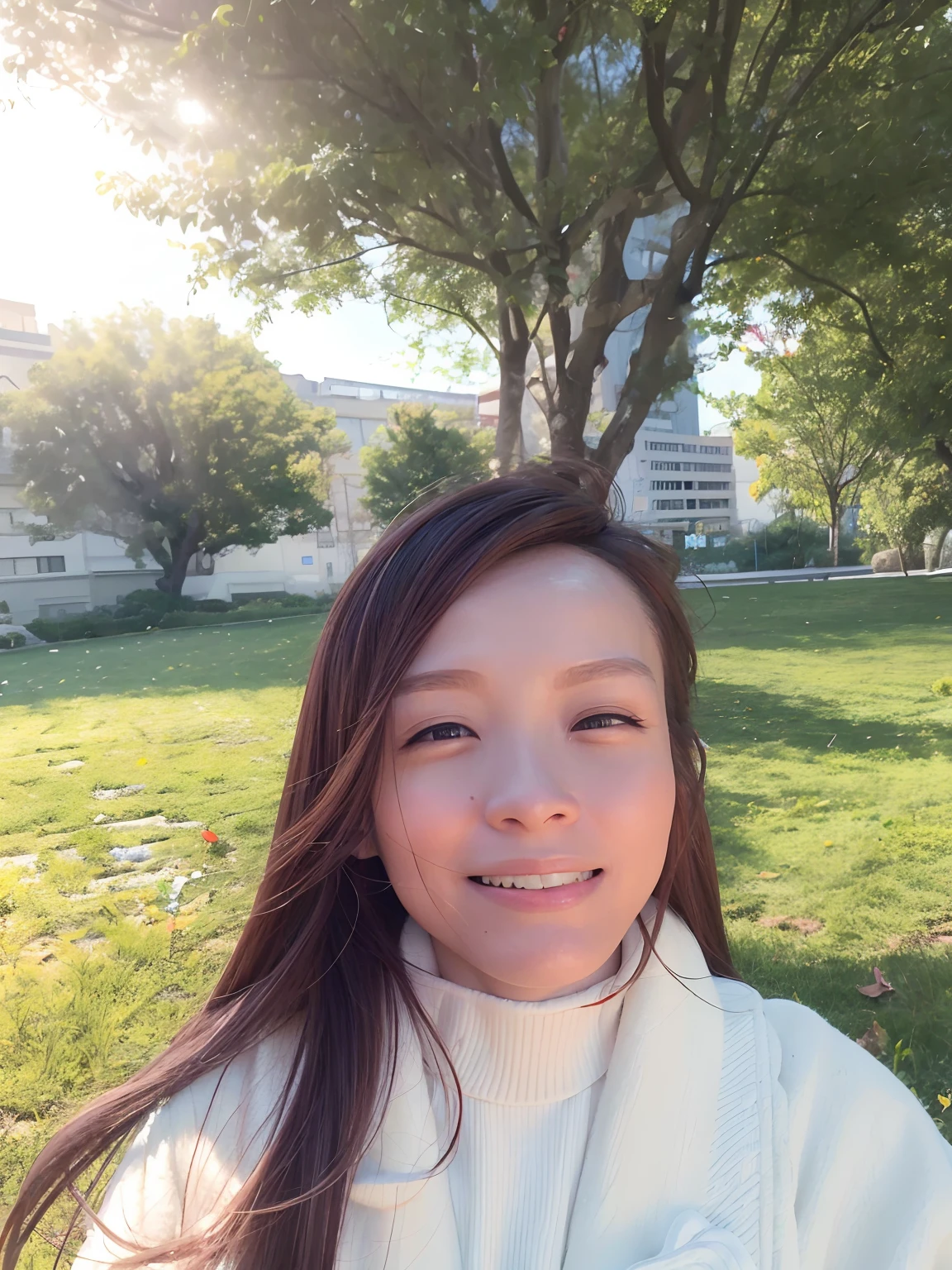 Smiling woman in white jacket standing in front of a tree, jen zee, mai anh tran, delight, Profile image, 8k selfie photograph, park in background, katherine lam, with a park in the background, wenfei ye, Yun Ling, chengyou liu, kan liu, cover photo portrait of du juan, xiang duan, Profile picture