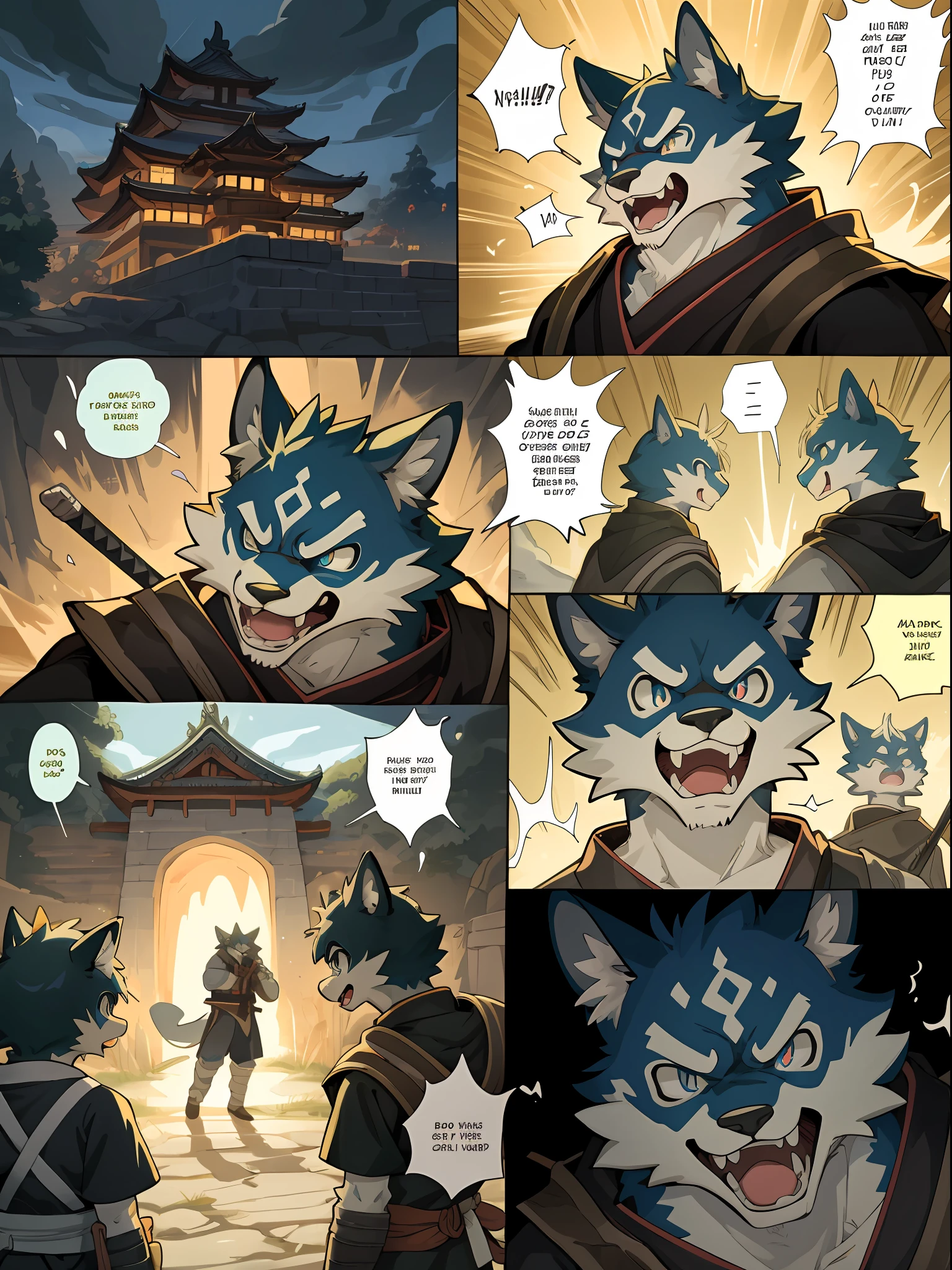 top quality, best quality, High-quality illustrations, highres, masterpiece, super high resolution, detailed background, japanese castle, samurais, 6+boys, 6+girls, absurdres(highly detailed beautiful face and eyes)perfect anatomy, good lighting, cinematic shadow, Serious, screaming, smile, wonderment, irate(kemono, furry anthro)assorted poses, assorted expressions, assorted angles(battle manga, Bold cartoon-like panel layouts, speech balloon, Hand-drawn sound effects stickers used in manga),