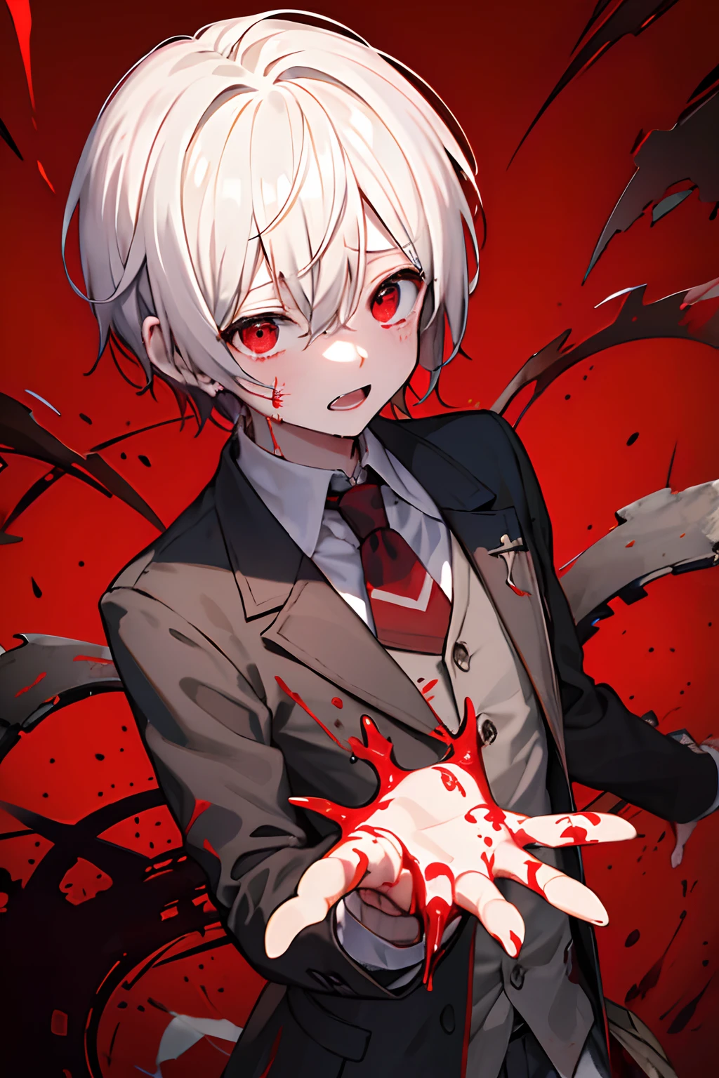 1 Corpse of a boy、Mash、Blood everywhere、blood splashing、dark hue、Red hue、Hand flail、tears