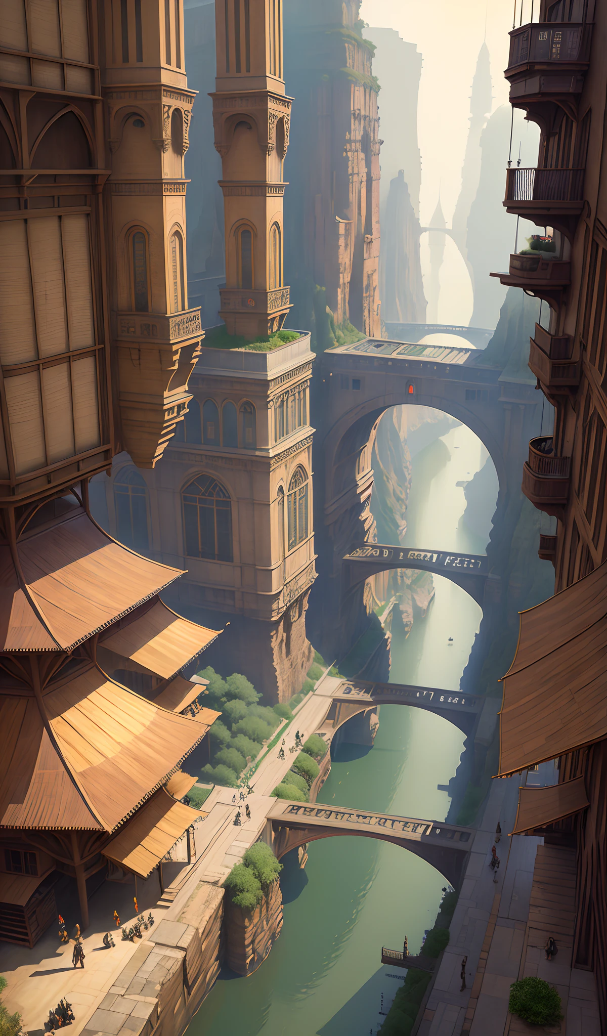 ((masterpiece)),((best quality)),((high detial)),((realistic,))
Industrial age city, deep canyons in the middle, architectural streets, bazaars, Bridges, rainy days, steampunk, European architecture