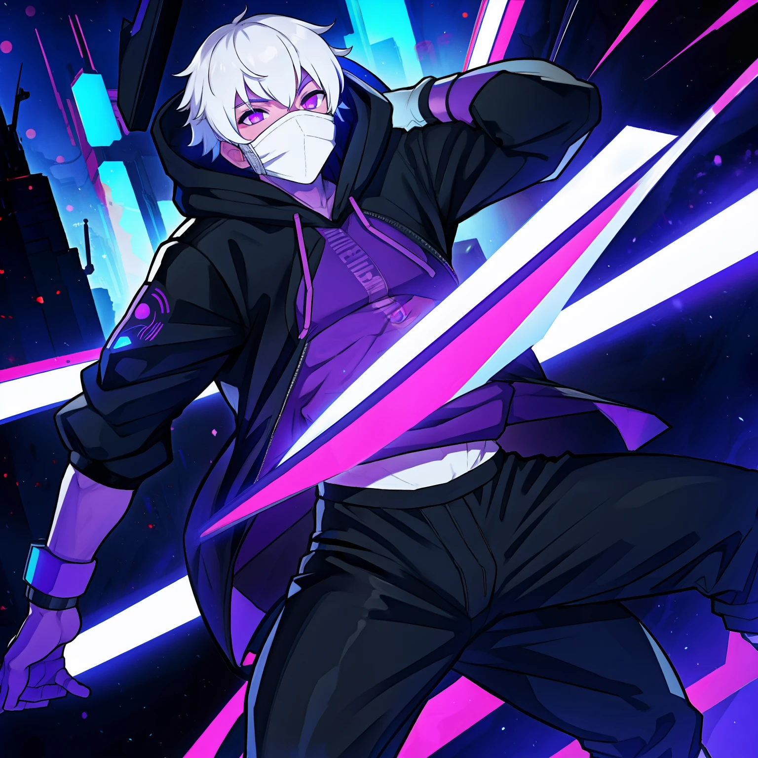 1man, inumaki toge, white hair, purple eyes, wearing mask, black hoodie, black pants, neon city, 8k, ultra detail, ultra hd, hd