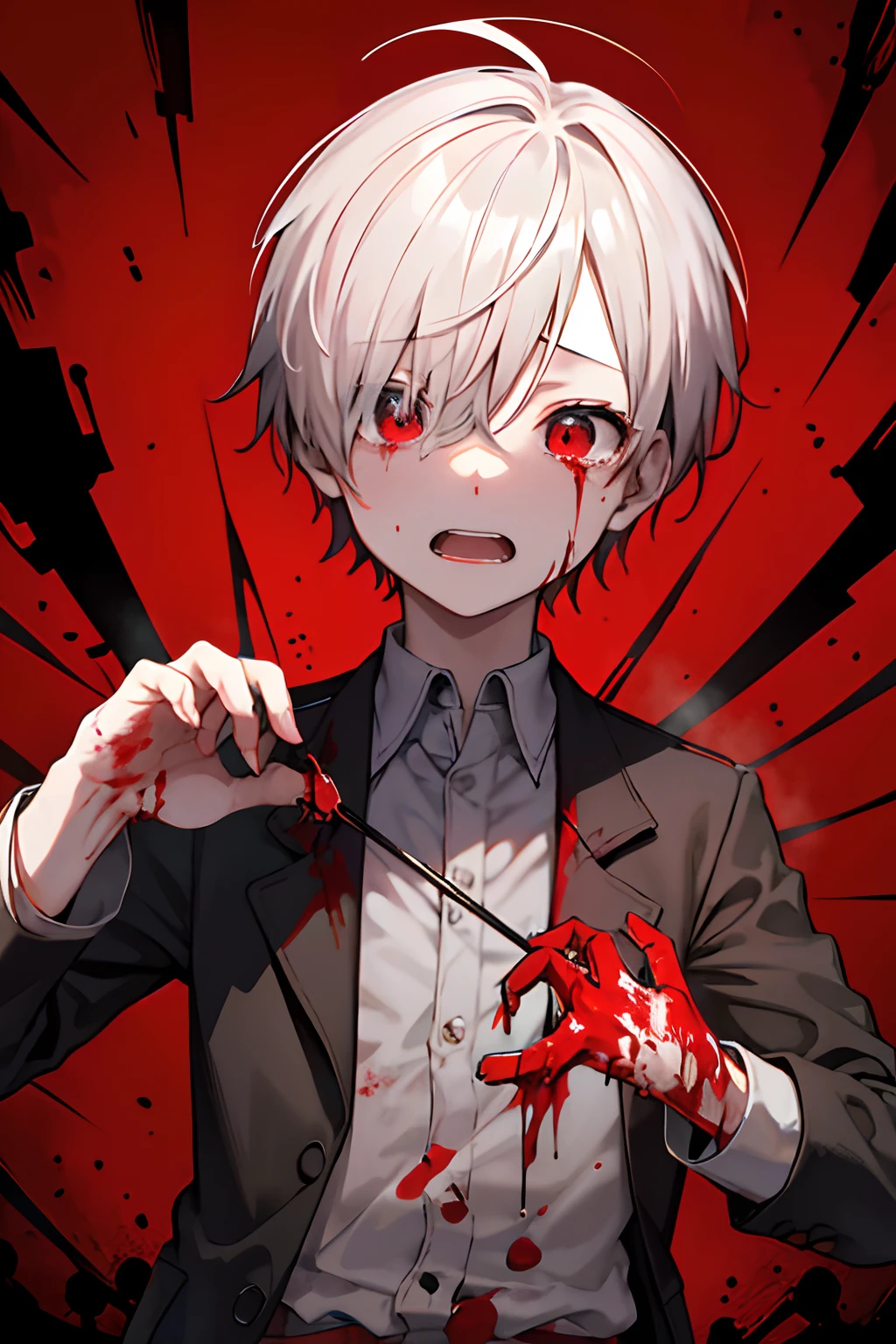 1 Corpse of a boy、Mash、Blood everywhere、blood splashing、dark hue、Red hue、Hand flail、tears