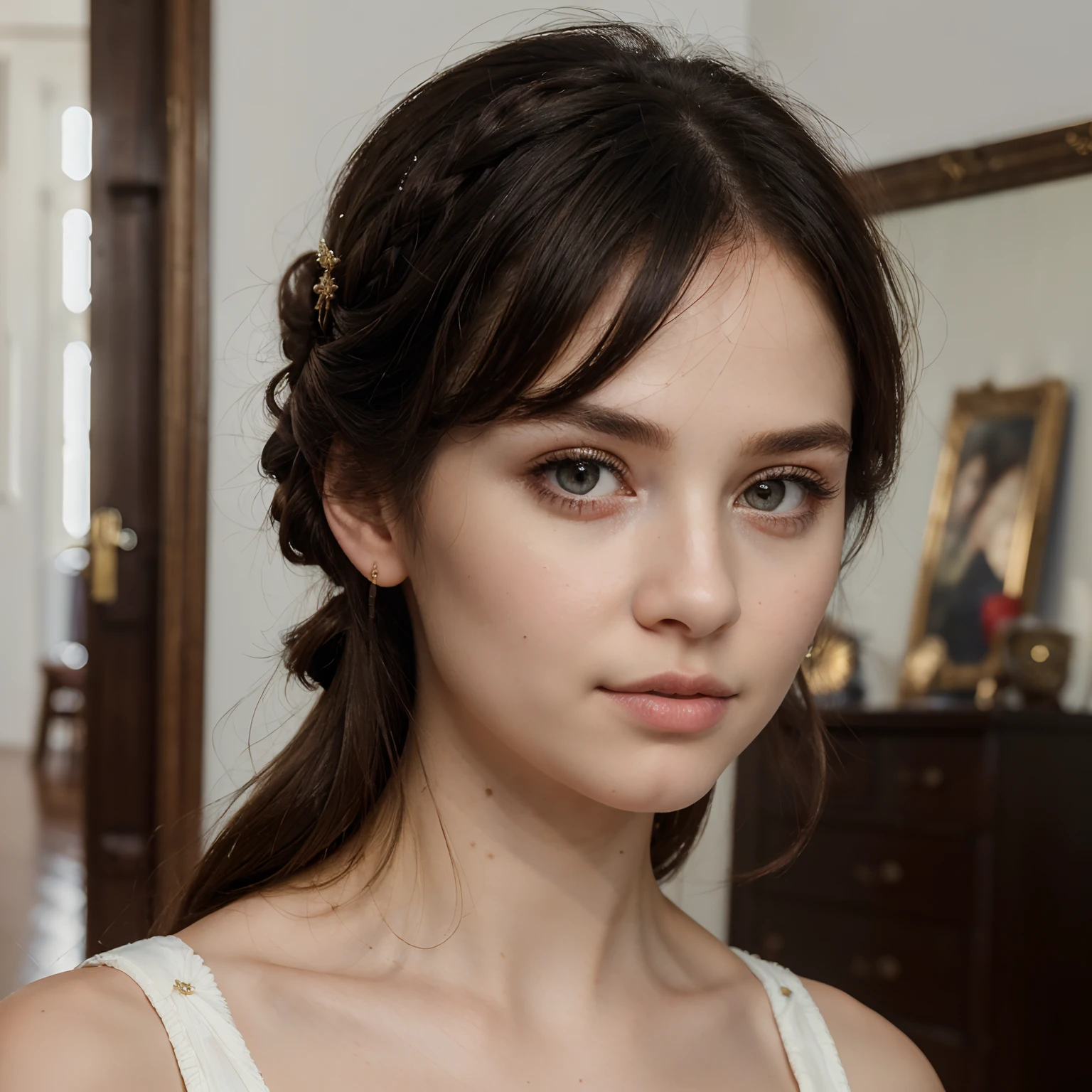 ((Best quality, 8k, Masterpiece :1.3)), 1girl, beautiful woman, (casual hairstyle,), casual wear: 1.2, interior, ultra-detailed face, delicate eyes, double eyelids, Russian, black hair, black eyes, looking at viewer
