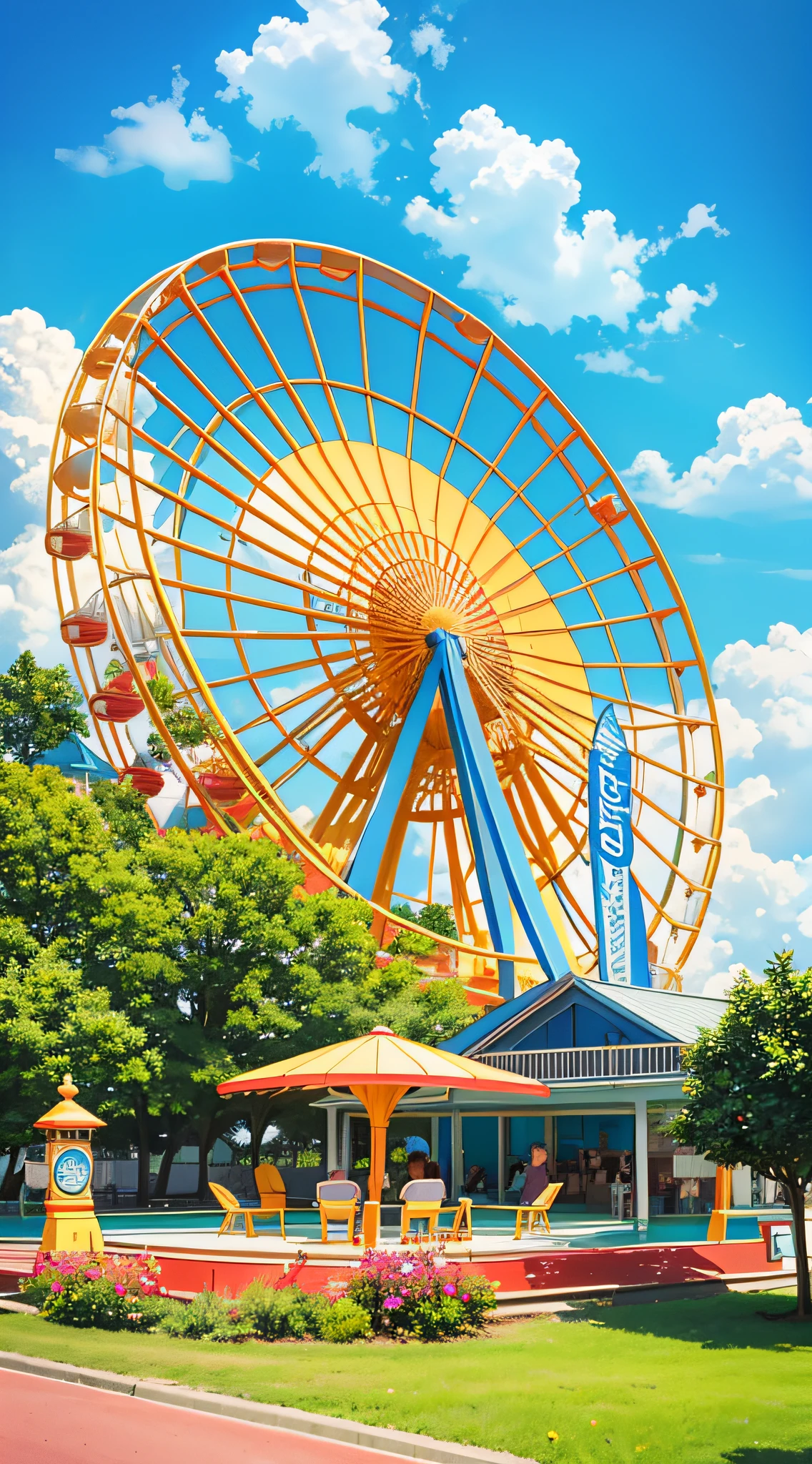 An amusement park ，great weather，Happy summer，Don't show up characters，paradis，Don't show up characters，Ferris wheel and lawn