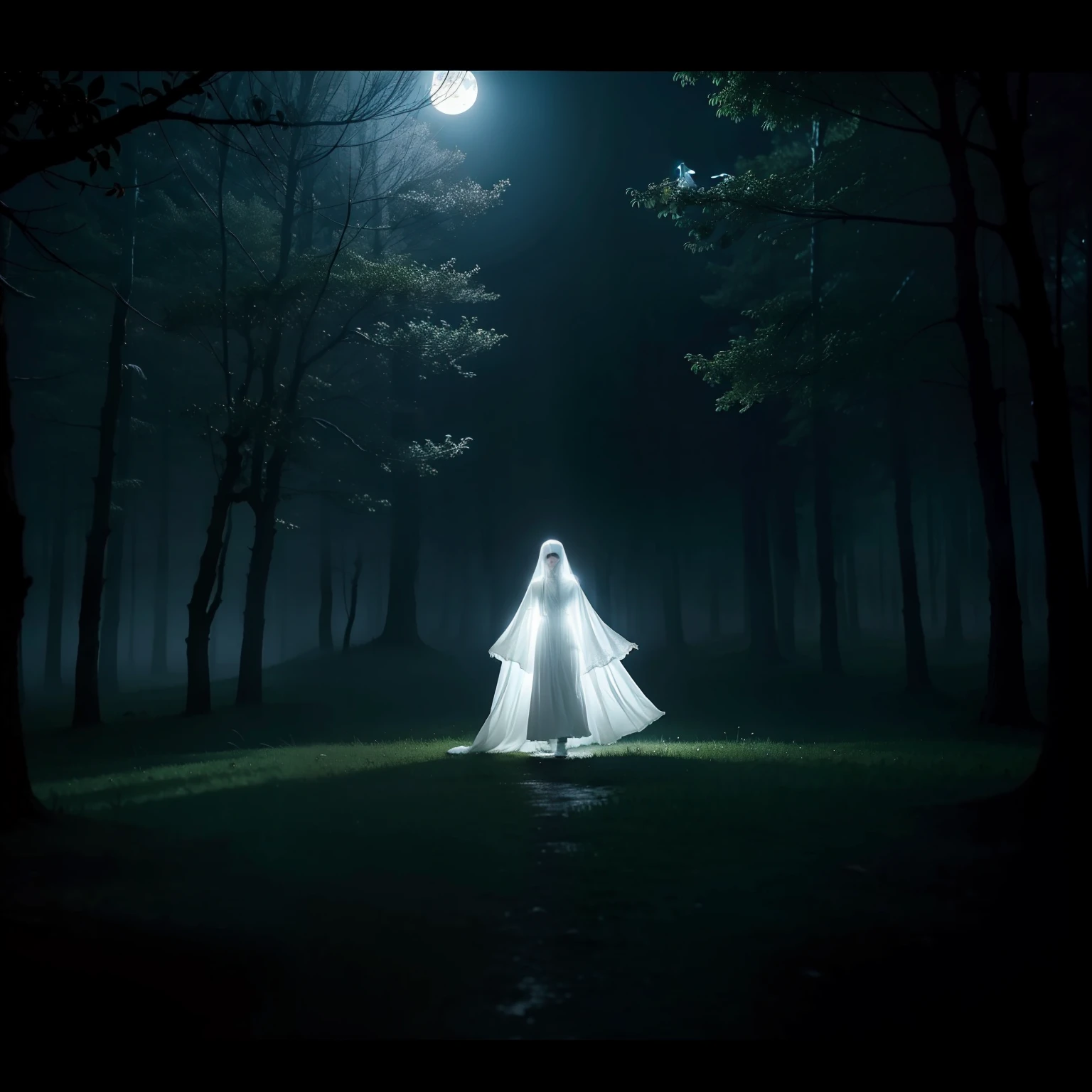 a beauty girl、full body Esbian、ghosts、Grave、Moonlight、white  clothes、White Ghost、haunted、
horor、roto、Distorted、Skysky、Foggy、fumo、dark  forest、shadowy creatures、
​masterpiece、超A high resolution、hightquality、lighting like a movie、