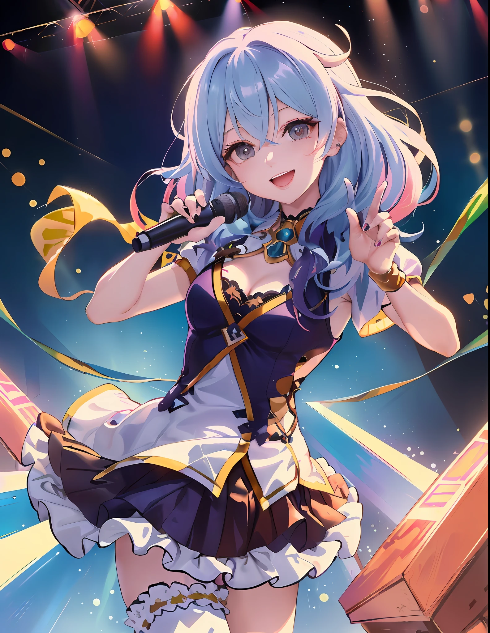 thick paint: 2, 8K, Masterpiece, Dynamic Angle, Upper body, ((Detailed eyes and detailed face: 1.2))))), (((perfect human hands, Super perfect too human 5 fingers))), ((Perfect human feet)), Upper body, 2 girls, Smile, Wolf ears, Wolf tail, Pink eyes, hair between eye, (wink)))), D cup, cleavage, Striped hair, (Colorful hair colors:1))), ((Random hair color: 1)))), Variegated hairstyles: 1, double tails, Ultra-fine gradient hair, ((T-shirt with the letters of Cagnari)))), Ruffled dresses, love live, jewely, Best stage, Climax, Professional stage, ((((The perfect singer holds a microphone in his left hand,Sing emotionally, Perfect singer, shout: 1.2, Overflowing emotions, Best Smile))), Singer, singers: 1, heartthrob, A queen of heaven, Professional stage, Professional lighting, Live lighting, Distract your sight, Fan service: 1, ((Sing on the stage of an AI spaceship (Background, Artificial intelligence spaceship: 1.2)))), ((Sing on the stage of an AI spaceship: 1.2)), (Panchira, Cute panties)), Full audience
