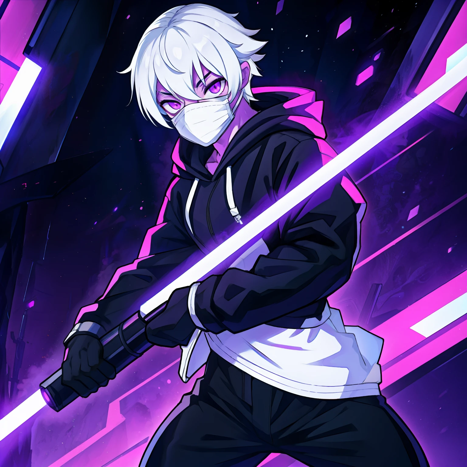 1man, inumaki toge, white hair, purple eyes, wearing mask, black hoodie, black pants, neon city, 8k, ultra detail, ultra hd, hd