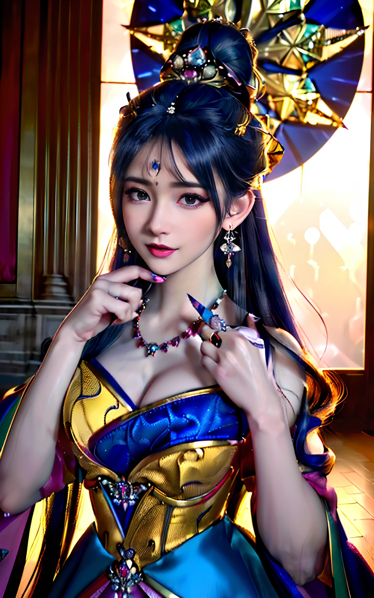 ((realisticity: 1.2)), ((realistic: 8K UHD)), ((best resolution: 8K UHD)), hyper detailed, best quality,masterpiece,highres,cg, ((1 girl hyper detailed and hyper realistic) ) , ((beautiful queen, hyper realistic and hyper detailed)),((white skin, beautiful, smooth, youthful, hyper realistic and hyper detailed )), ((Face hyper beautiful, white, hyper realistic and hyper detailed ) ), long hair, ((hyper realistic and hyper detailed dress)), solo, ((hyper realistic, hyper beautiful, beautiful and hyper detailed jewelry)), ((hyper beautiful deep red and golden yellow dress, hyper realistic and hyper detailed )) , ((Her pretty, hyper realistic, hyper detailed diamond filled earrings)), ((Her gorgeous diamond haircut, hyper realistic and hyper detailed)), ((hyper pretty upper body, hyper beautiful, hyper realistic and hyper detailed) ), ((medium breast: 1.5)), ((hyper realistic, hyper pretty, hyper detailed boobs)), ((the backgroun of the royal palace is hyper majestic, hyper realistic and hyper detailed)),((hands and palms hyper beautiful, hyper detailed, hyper realistic)), ((fingers: pinky finger, index finger, ring finger, middle finger, and thumb hyper realistic, hyper detailed, hyper beautiful)), ((hyper pretty, hyper pretty, hyper realistic and hyper detailed hair bun)), ((hyper pretty , hyper realistic and hyper detailed blue hair)), candid, Photo, high resolution, 8k , bokeh,