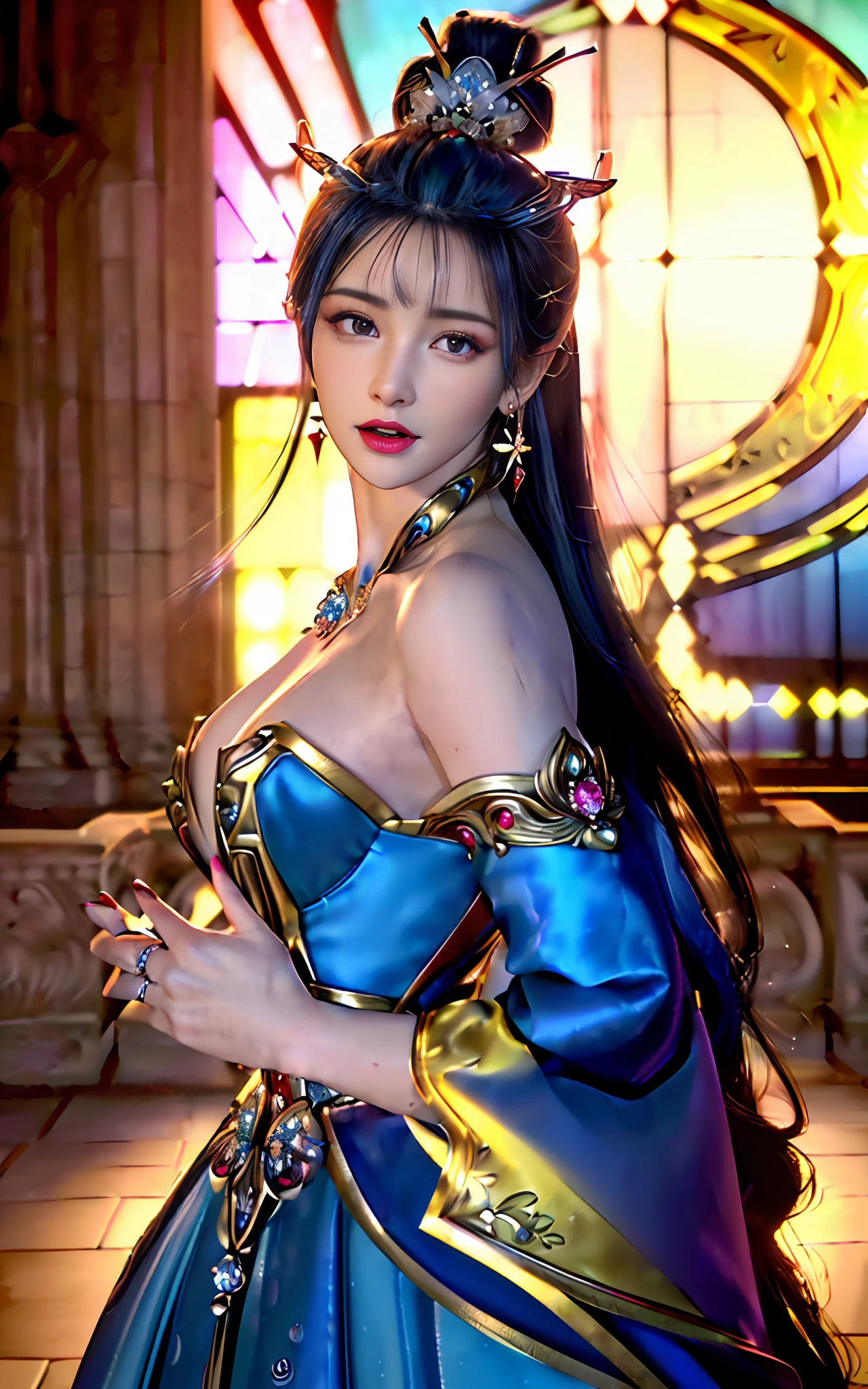 ((realisticity: 1.2)), ((realistic: 8K UHD)), ((best resolution: 8K UHD)), hyper detailed, best quality,masterpiece,highres,cg, ((1 girl hyper detailed and hyper realistic) ) , ((beautiful queen, hyper realistic and hyper detailed)),((white skin, beautiful, smooth, youthful, hyper realistic and hyper detailed )), ((Face hyper beautiful, white, hyper realistic and hyper detailed ) ), long hair, ((hyper realistic and hyper detailed dress)), solo, ((hyper realistic, hyper beautiful, beautiful and hyper detailed jewelry)), ((hyper beautiful deep red and golden yellow dress, hyper realistic and hyper detailed )) , ((Her pretty, hyper realistic, hyper detailed diamond filled earrings)), ((Her gorgeous diamond haircut, hyper realistic and hyper detailed)), ((hyper pretty upper body, hyper beautiful, hyper realistic and hyper detailed) ), ((medium breast: 1.5)), ((hyper realistic, hyper pretty, hyper detailed boobs)), ((the backgroun of the royal palace is hyper majestic, hyper realistic and hyper detailed)),((hands and palms hyper beautiful, hyper detailed, hyper realistic)), ((fingers: pinky finger, index finger, ring finger, middle finger, and thumb hyper realistic, hyper detailed, hyper beautiful)), ((hyper pretty, hyper pretty, hyper realistic and hyper detailed hair bun)), ((hyper pretty , hyper realistic and hyper detailed blue hair)), candid, Photo, high resolution, 8k , bokeh,