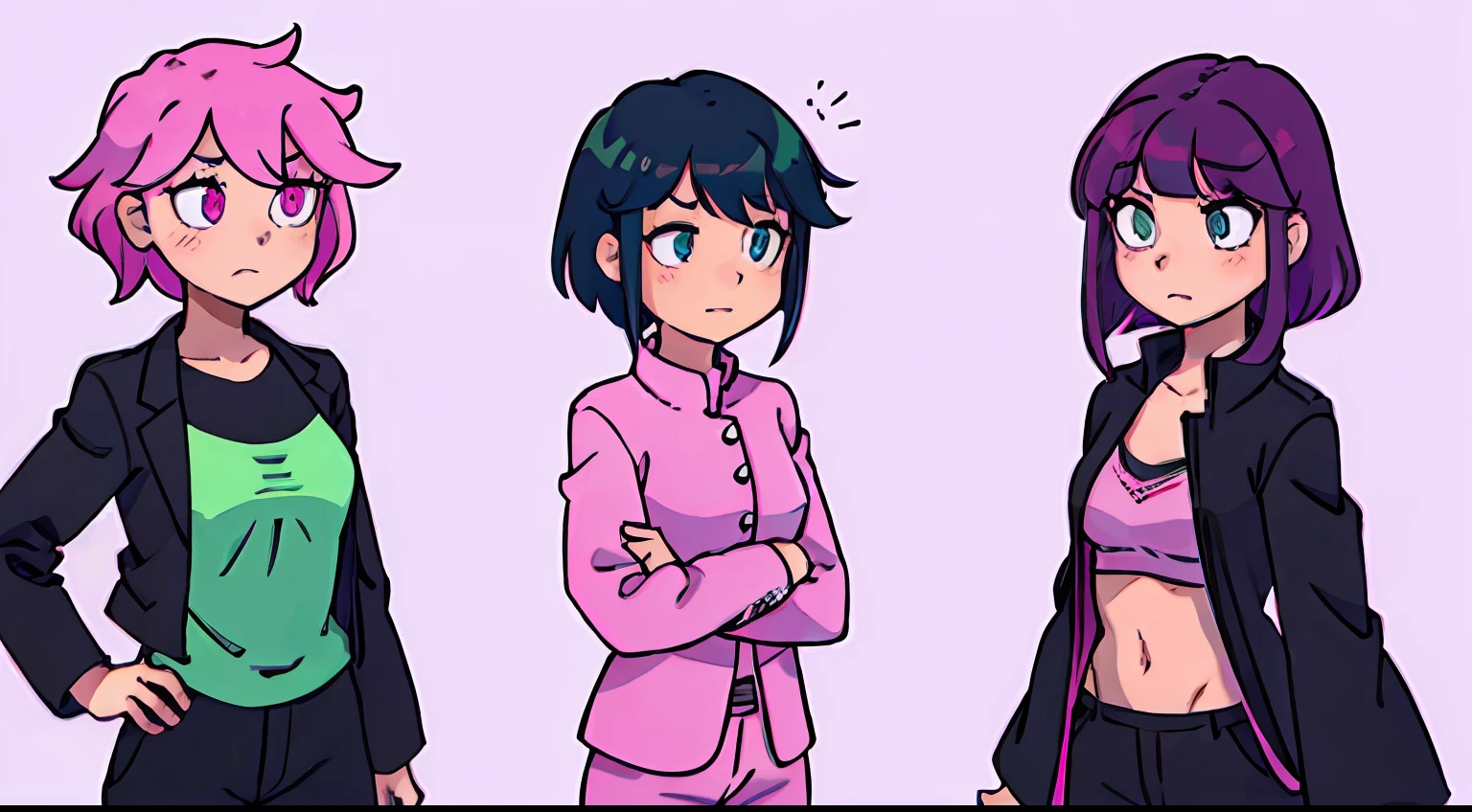Group of 3 pink hair pink eyes breast short black and green hair (somtimes bangs), and then black suit