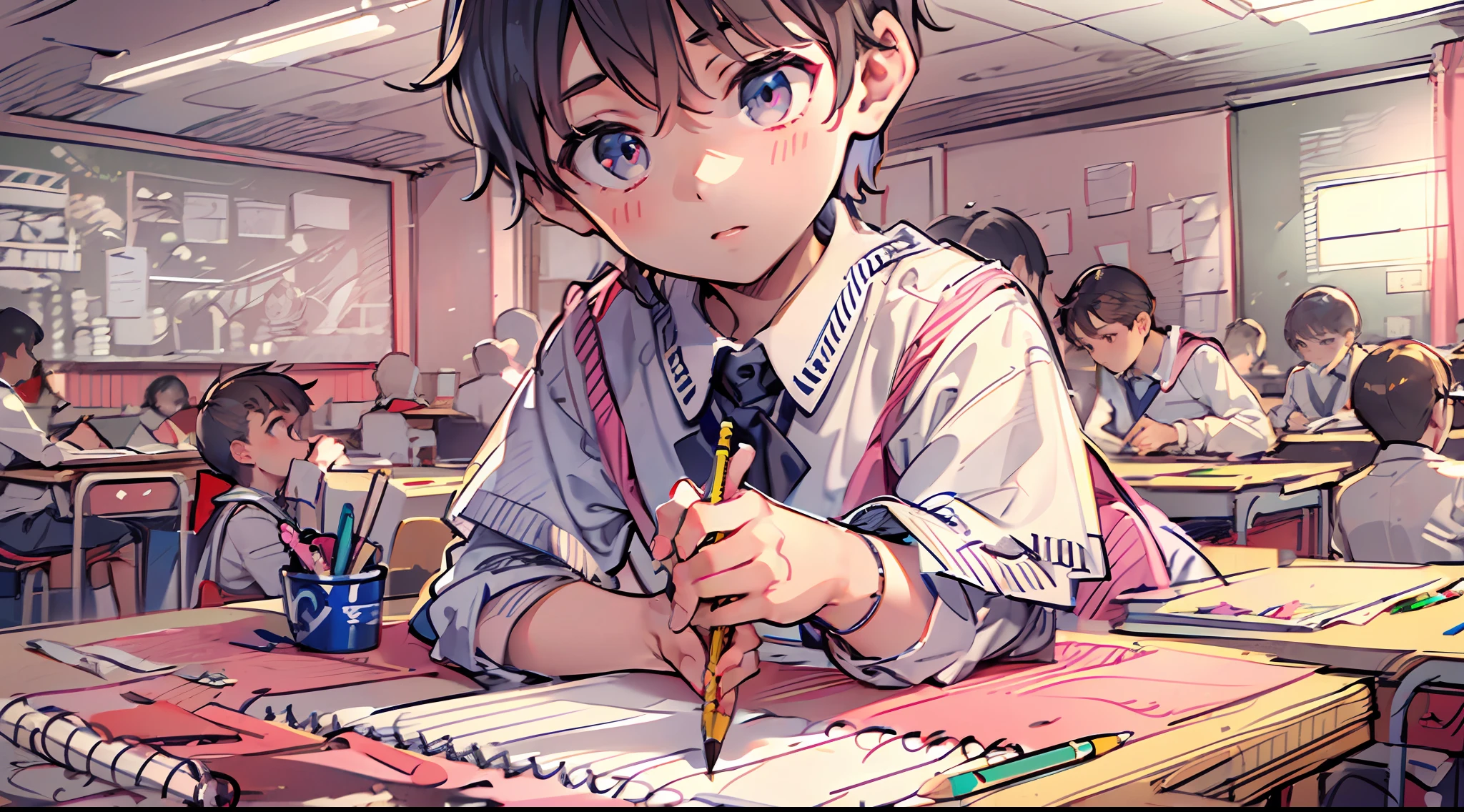 Masterpiece, top quality, super detailed CG, intricate details:1.5), 8k wallpapers, elaborate features,
(1 person, solo:1.4), perfect cartoon illustration, (1 boy:1.4), school uniforms, plaster casts, drawing exercises(do sketching:1.5), pencil, canvas, at school art room,