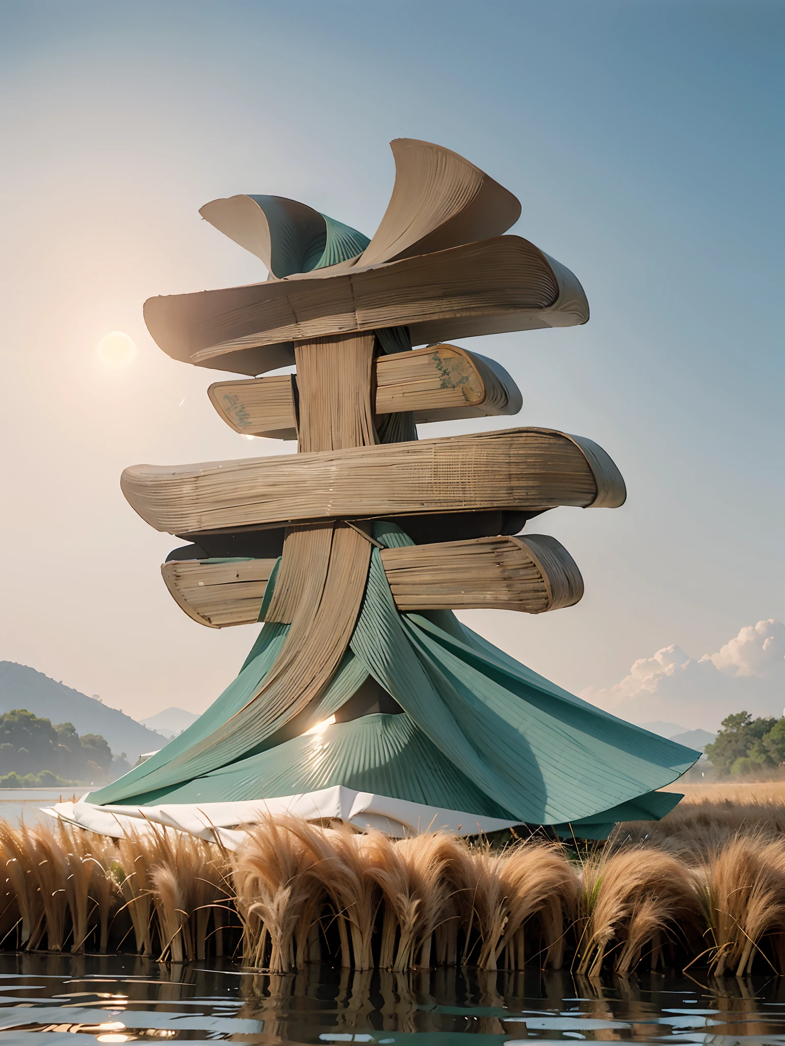 In the distance there is a river beach, rice fields, wheat, reeds, riverside, bamboo forest path on the bank, bamboo forest path standing, highest picture quality