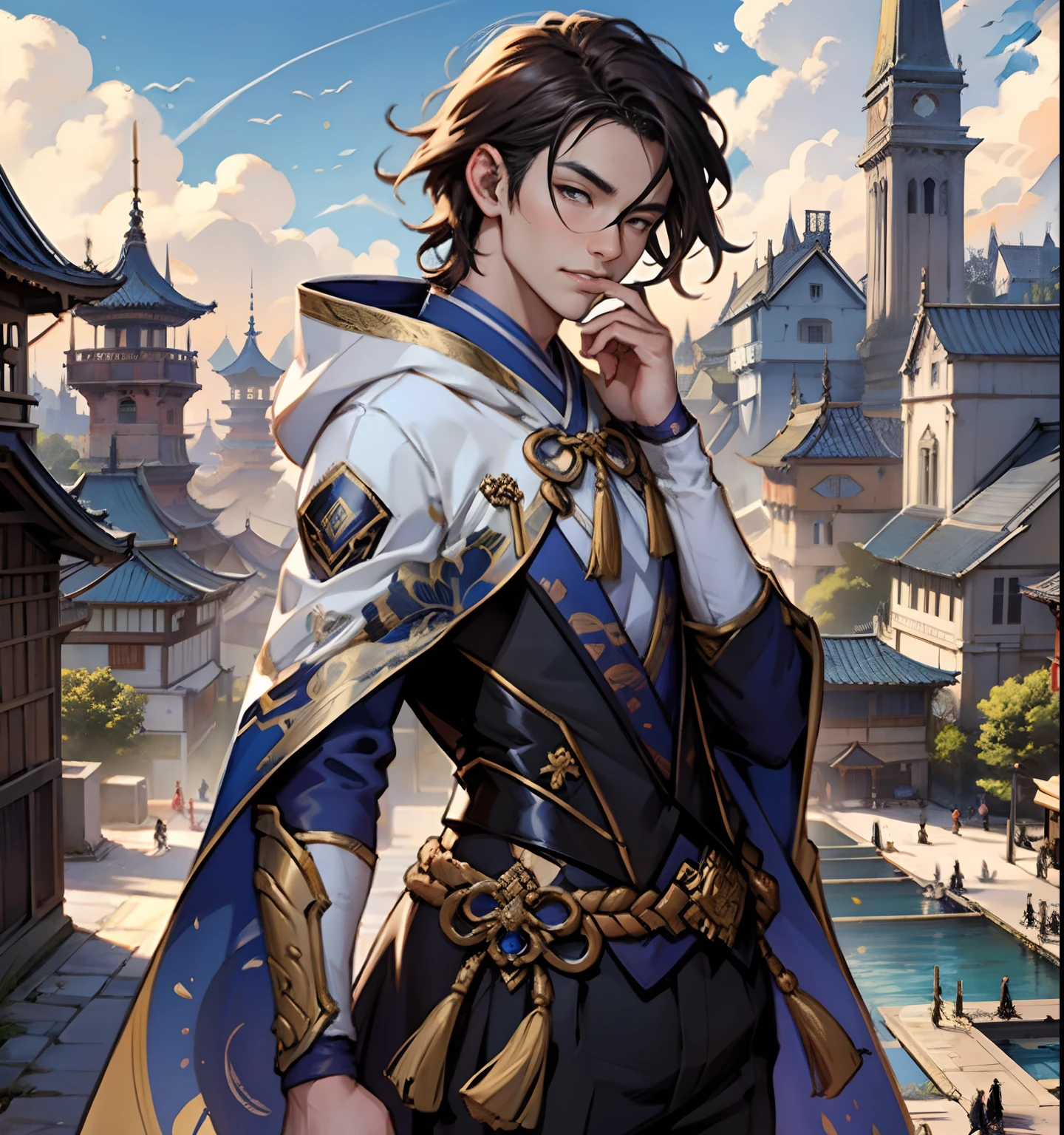 (Highest image quality, Extremely delicate)Oriental world style，Handsome brunette boy depicted in detail，Dressed in a Tang costume，Wearing a hood，Grim expression，The right hand Hidden Sword is outstretched，The background is the blue sky and the rays of the sun，Dotted with ancient buildings，Smoke behind the characters，Full panoramic presentation，The picture quality reaches 8K level。com rosto detalhado，The movements are natural and fluid