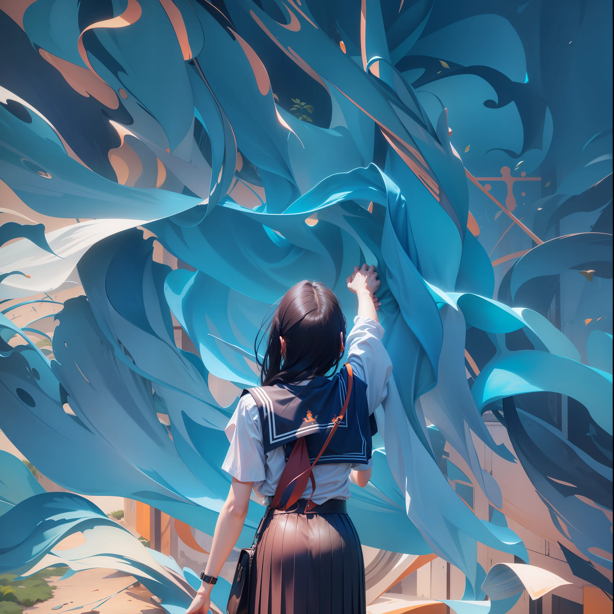 The character's right hand down is similar to the left hand，Add more orange and color collision to the background