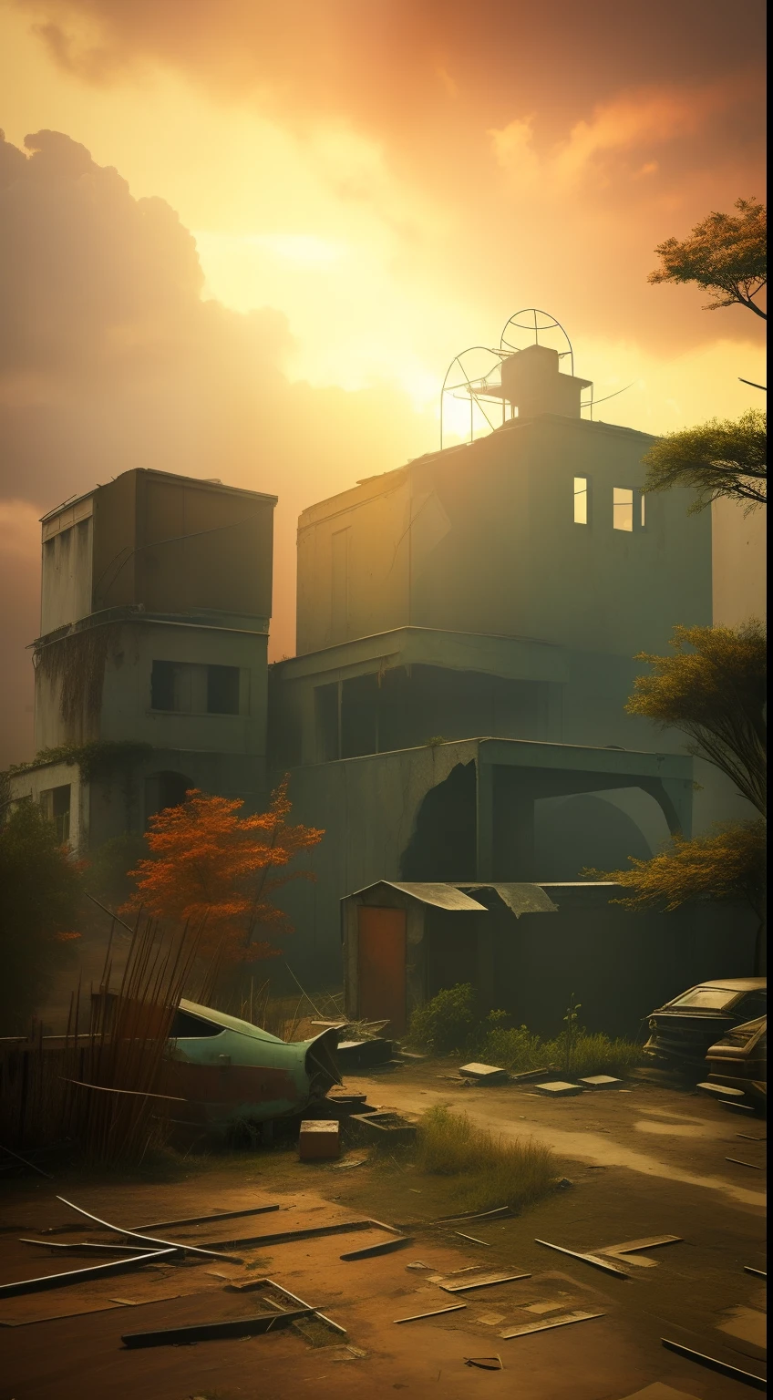 post apocalyptic world.Scenery with ruined buildings, vegetation struggling to survive and a sky laden with gray and orange hues. In the middle of this scenario, Highlight a lone character, Rylan, vestido com roupas desgastadas, observando a paisagem com um olhar pensativo. Convey the sense of desolation and the idea of hope emerging in the midst of decay. Use cores e texturas para capturar a atmosfera sombria e, ao mesmo tempo, The potential for renewal."
