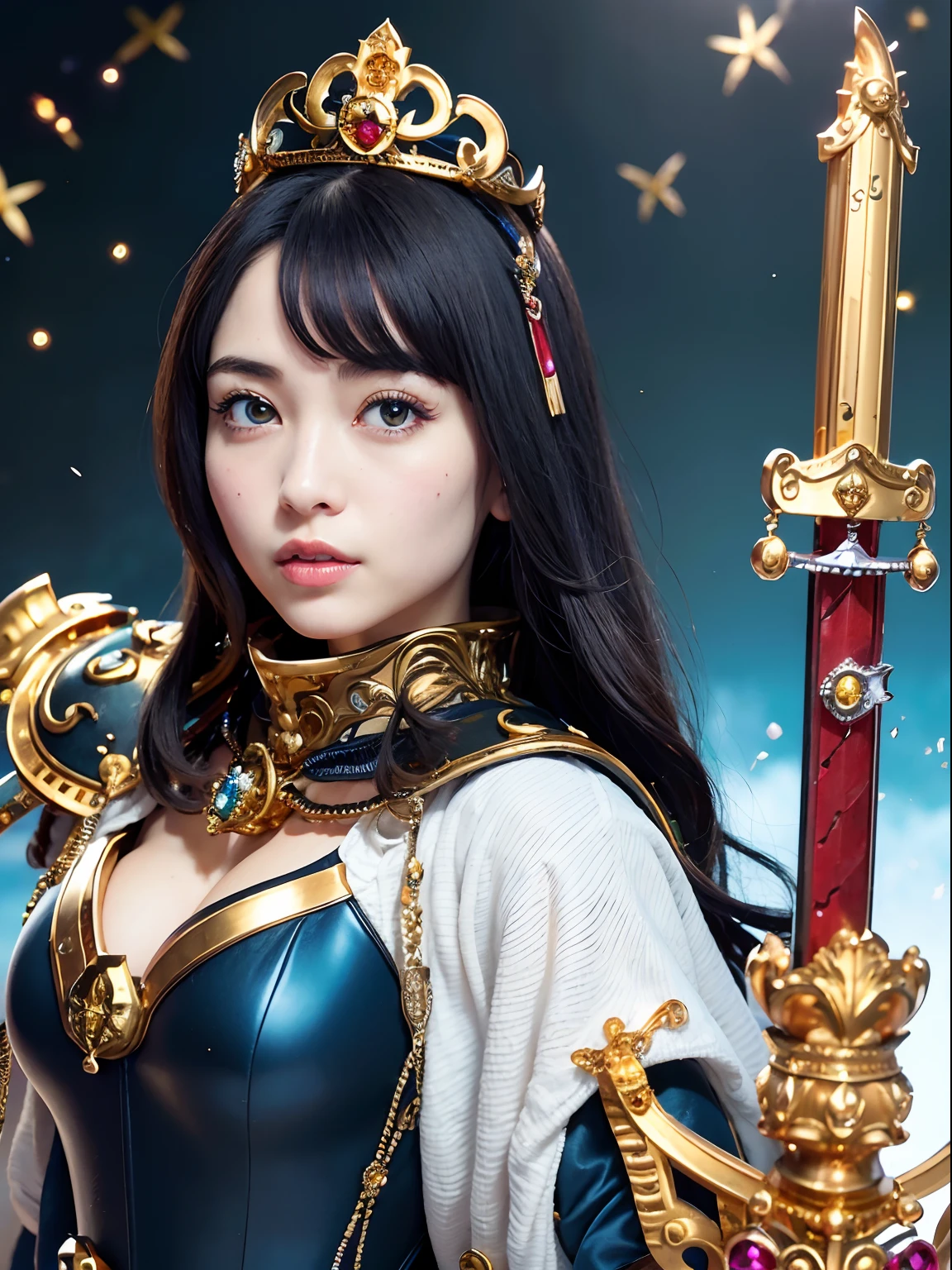(masutepiece), Professional , masterpiece、top-quality、photos realistic , depth of fields (Gemstone Silver Metal Body:1.9),(Matte Blue、Jewel Gold Weapon(Jewel Metal Body:1.4),Gorgeous metal weapons , Detailed Sword of the Brave , Beautiful knife ,warhammer 40k , adepta sororitas,Detail and ornate jewel crown、Black hair、Gangle's forest background、Beautiful Caucasian beauty、1a person、dynamic ungle,(((Detailed and ornate diamond crown)))、a small face、A smile、Take a sexy pose、Background inside the castle、Thin and beautiful female hands、