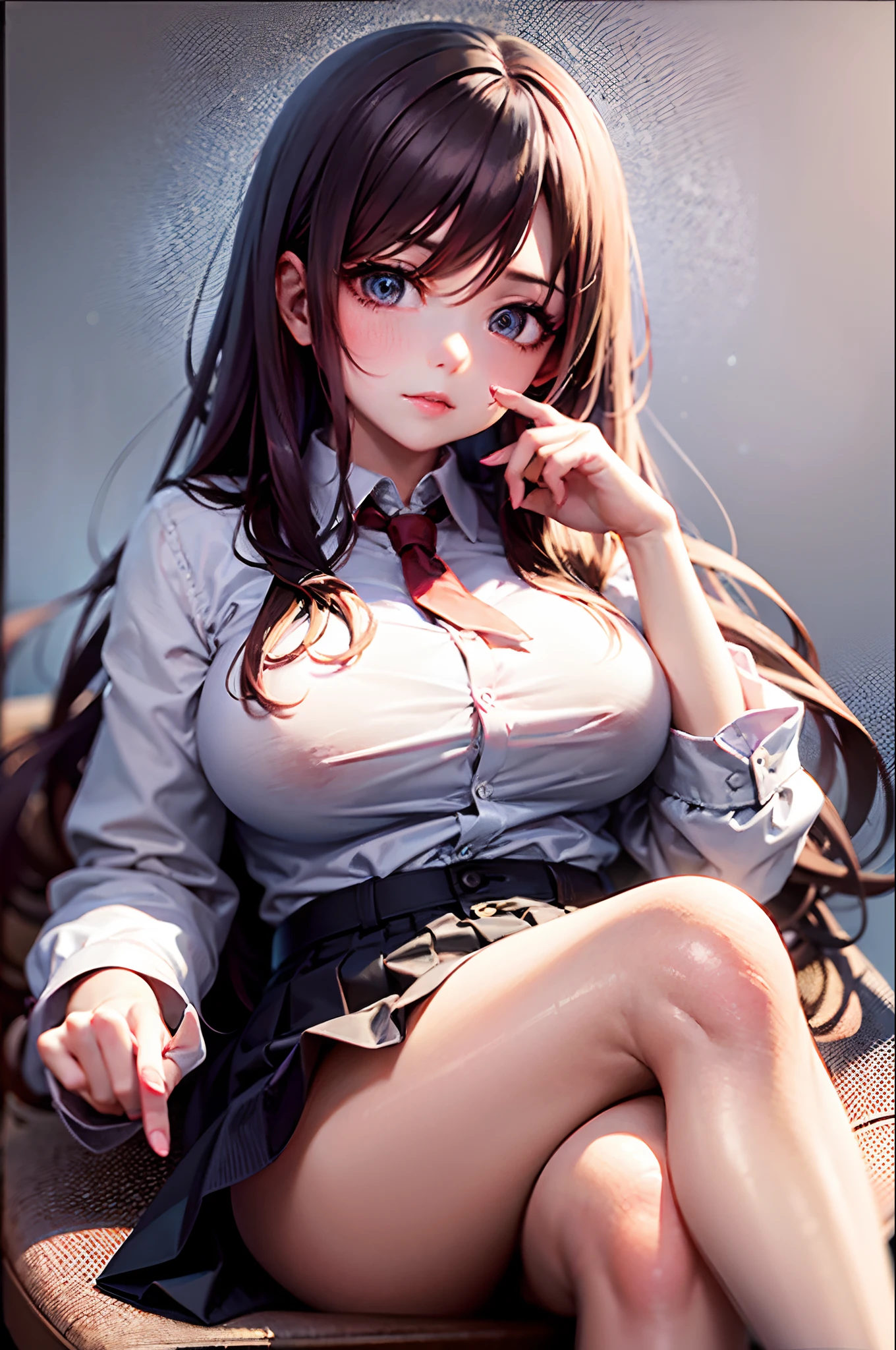 (Prominence on masterpiece, best quality: 1.2), alone, 1 girl, Miku Nakano, serious, closed mouth, looking at the viewer, hand on the face, sitting, crossed legs, collared shirt, tie, skirt, stockings,big thighs,big breasts)