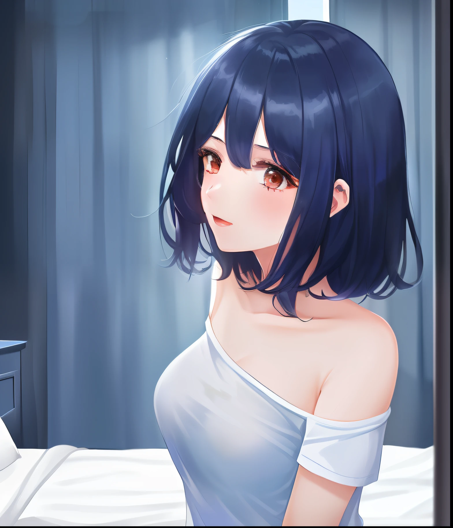 (((1 girl)), ray tracing, (dim lighting), [Detail background (bedroom)), (((dark blue hair)), ((Dark blue hair), (Fluffy dark blue hair, slender girl))) Short hair))) Avoid golden eyes in a sinister bedroom ((The girl is wearing a naked oversized shirt with protruding shoulders and pulling her shirt), Shows a delicate slim figure and graceful curves, medium breasts