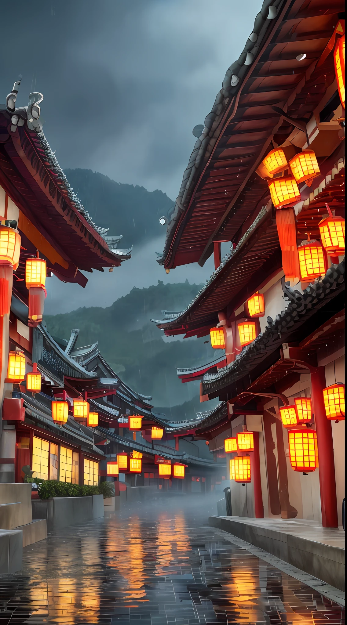 arafed view of a village with a lot of lights on the buildings, dreamy chinese town, chinese village, amazing wallpaper, japanese town, japanese village, hyper realistic photo of a town, old asian village, japanese city, by Raymond Han, rainy evening, cyberpunk chinese ancient castle, beautifully lit buildings, at evening during rain, beautiful and aesthetic, photography, cinematic, 8k, high detailed ((Heavy rain)))