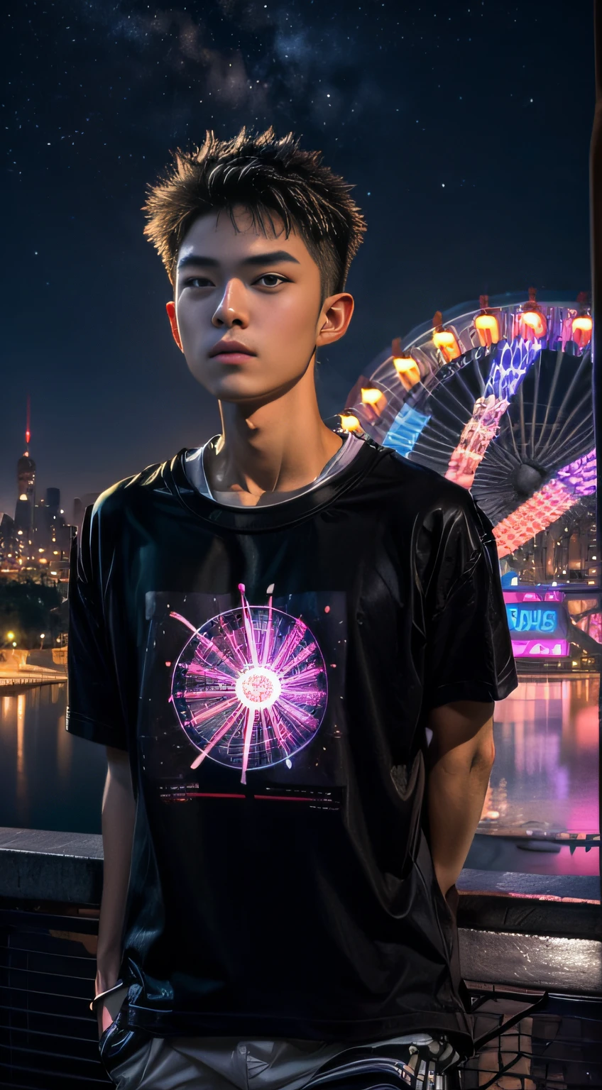 Night in front of the Ferris wheel，An 18-year-old handsome boy wears a black French striped T-shirt，Wear yours with white loose shorts and black sneakers。A river flows slowly in the background,In the distance are high-rise buildings and neon lights with a sense of technology,Full of Milky Way.