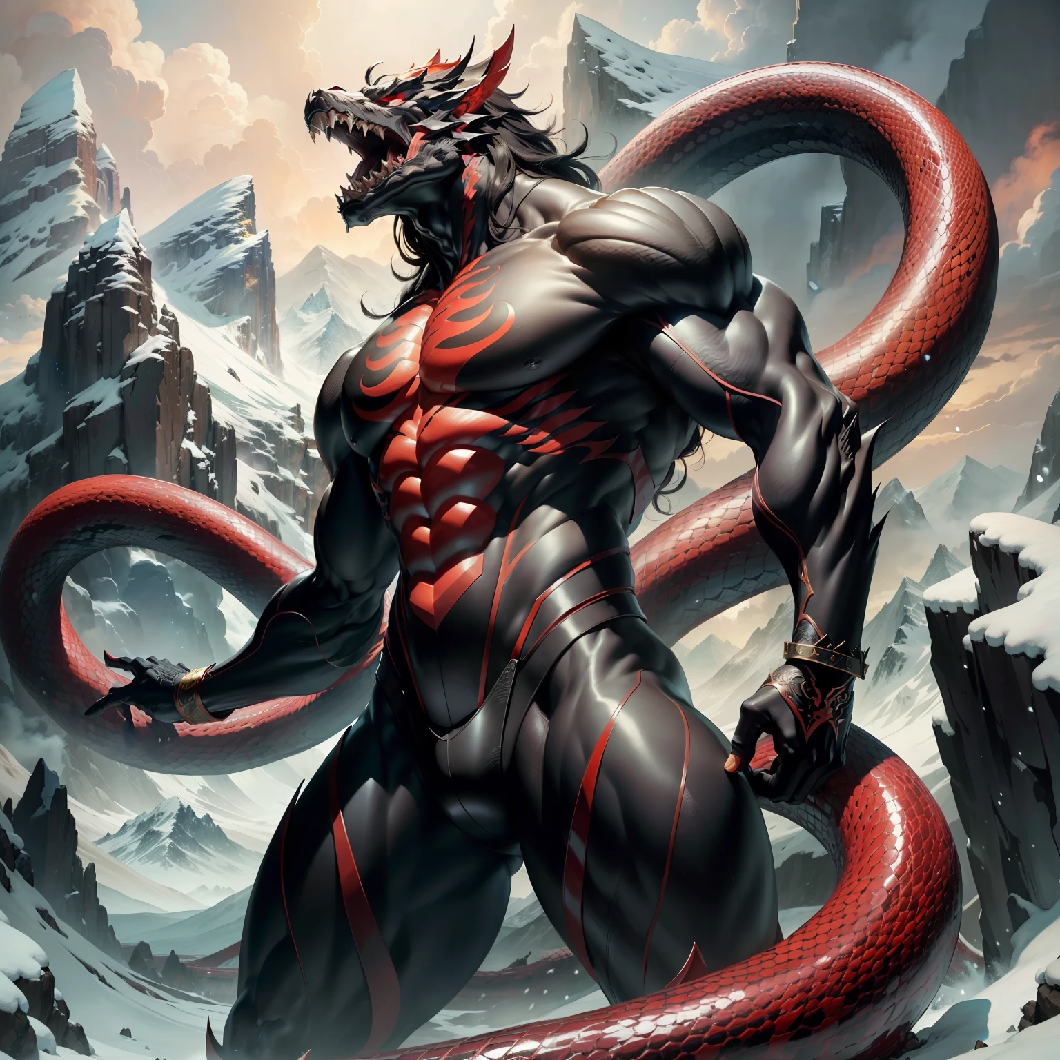 A high resolution,Works of masters,detailed detail,tmasterpiece,A single huge long snake,Black scales,Red lightning wrapped around his body,The body is well-proportioned,Straight teeth,There is no one above the snowy mountains。