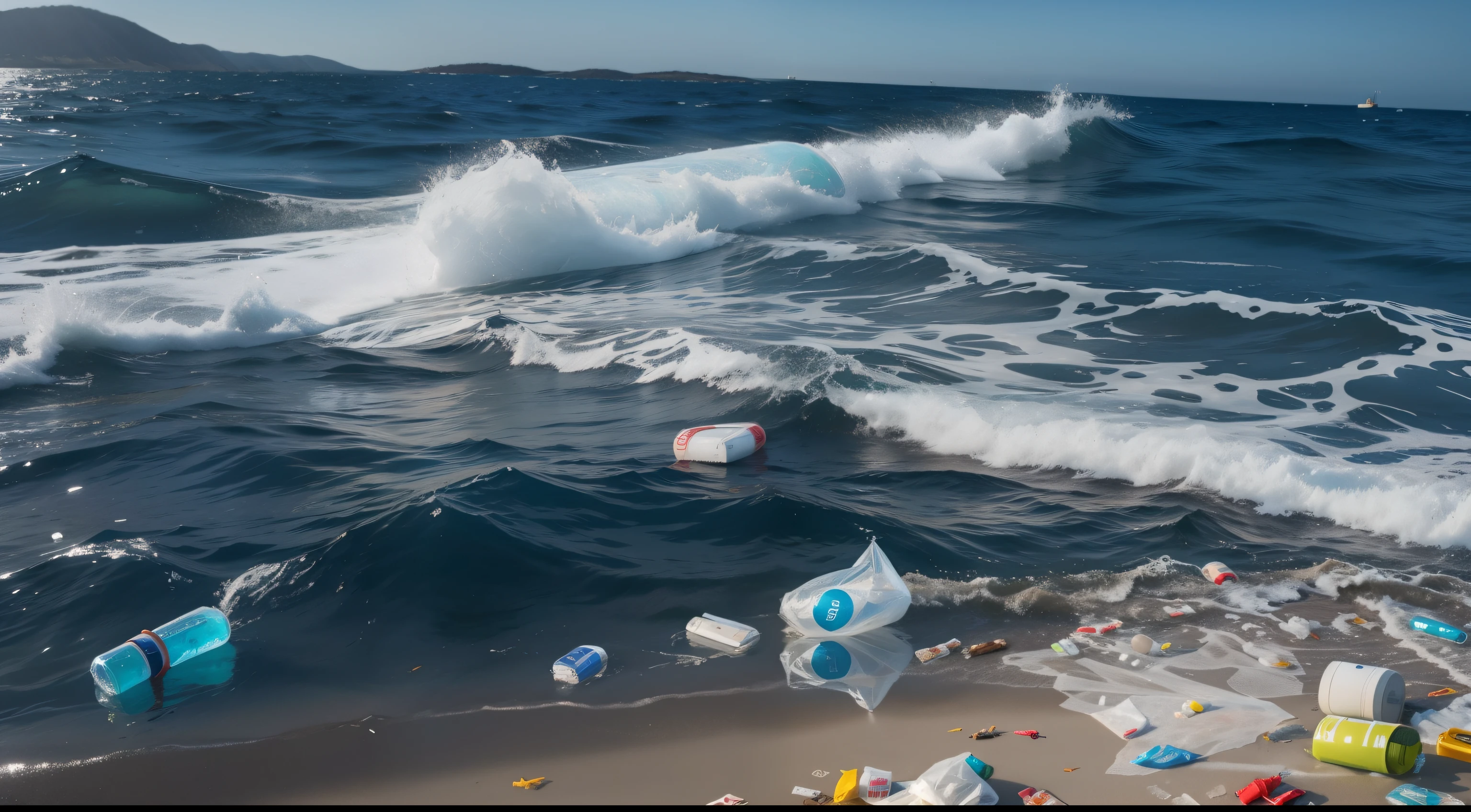 All kinds of garbage at sea，plastic bag，Mineral water on the sea，On the surface of the water