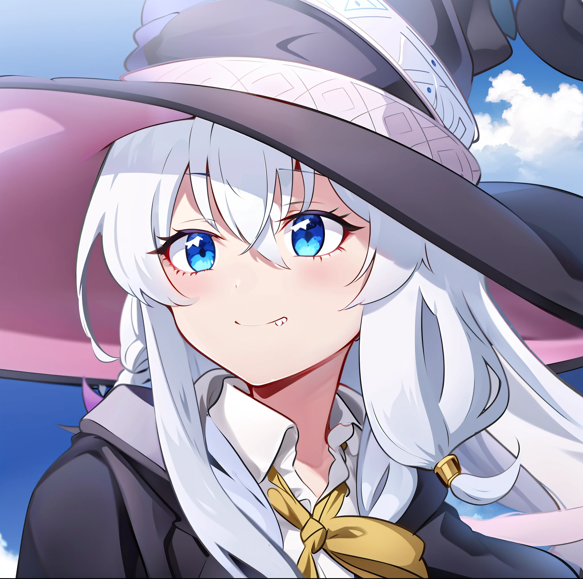 White long hair anime girl with black hat and bow tie, flirty anime witch casting magic, witch academia, anime visual of a cute girl, popular isekai anime, marisa kirisame, Today's featured anime stills, the witch, still from tv anime, anime visual of a young woman, sky witch, portrait of a young witch girl, isekai