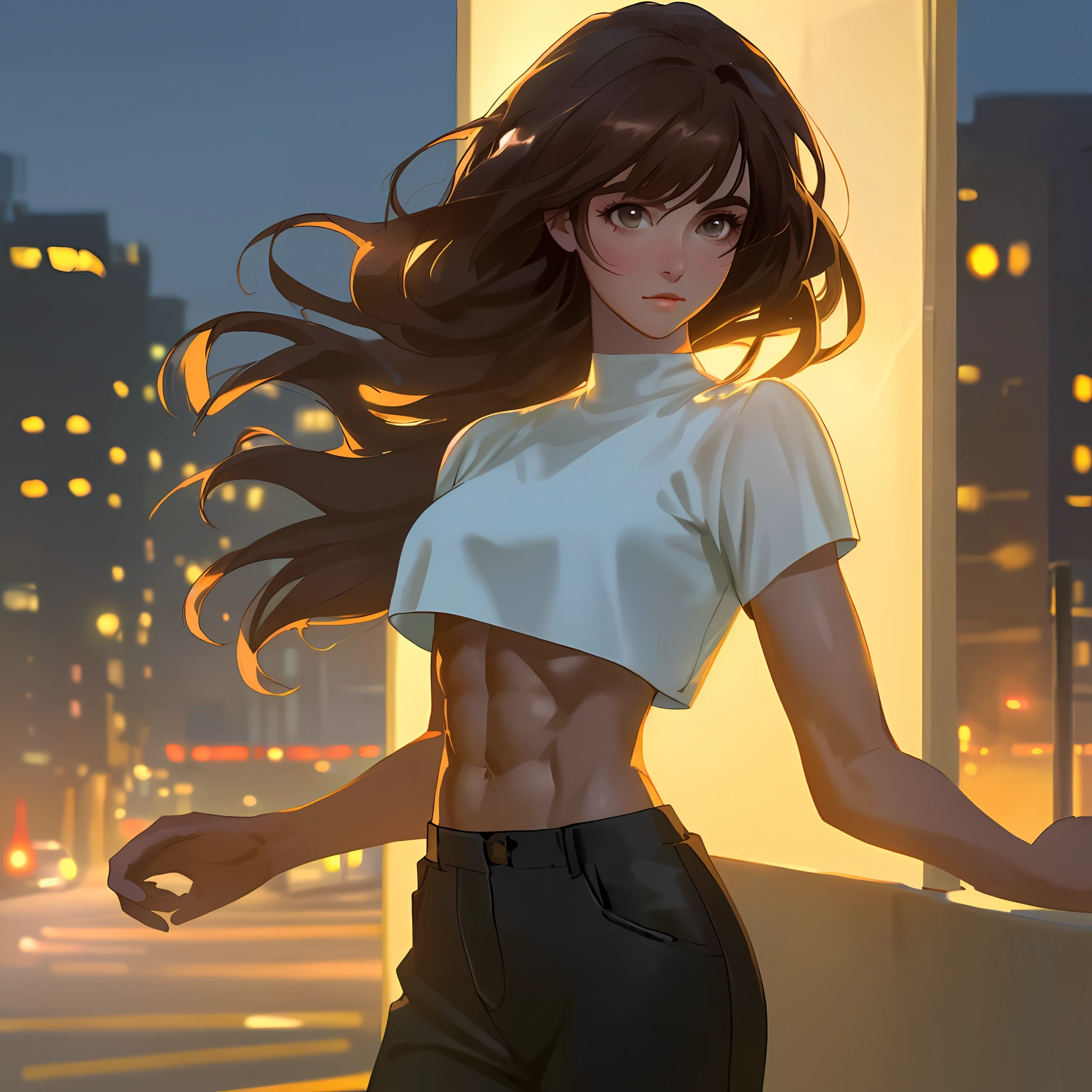 ((Realistic lighting, Best quality, 8K, Masterpiece: 1.3)), Clear focus: 1.2, 1girl, Perfect Figure: 1.4, Slim Abs: 1.1, ((Dark brown hair)), (White crop top: 1.4), (Outdoor, Night: 1.1), City streets, Super fine face, Fine eyes, Double eyelids,