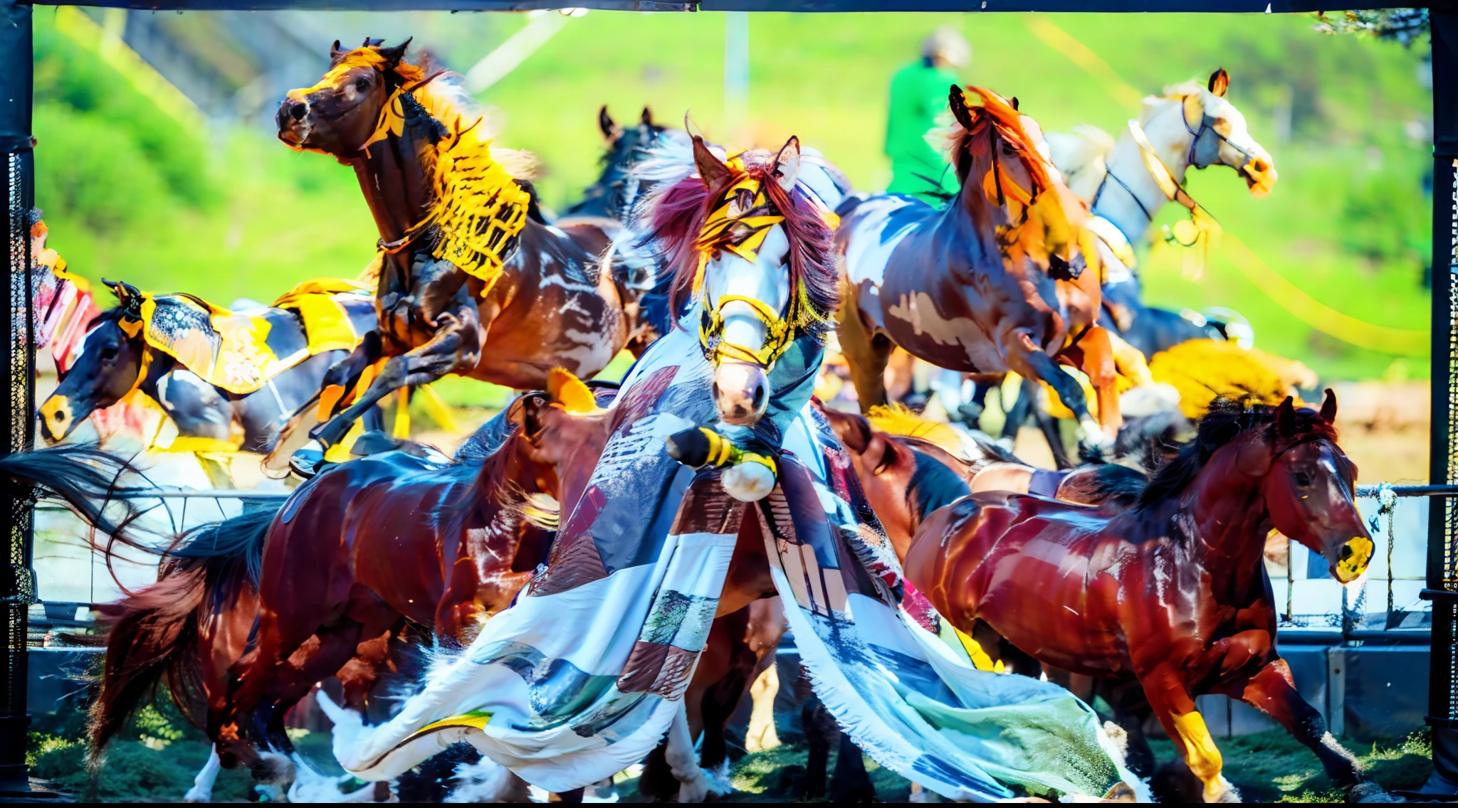 8horses，Ultra-grand scenes，super wide shot，1#cavalos，2#cavalos，3#cavalos，4#cavalos，5#cavalos，6#cavalos，7#cavalos，8#cavalos。Eight extremely special and rare horses surround each other，A large herd of horses galloped ahead，Gallop across the steppe like a clock。The vast plains of the epic scene are rich in aquatic plants，In the distance is the snow-capped summit of Mount Everest，Snow creek flows into the sea，At the other end is the magnificent giant city，The horse team entered and exited from the direction of the city gate。The first is the Light Casting Pegasus from the Supreme Heaven, which has a rainbow aperture from the Supreme Heaven，She rides between light and pure，No additional ornaments are needed to highlight her dignity and holiness，Even the sky showed her a clear sky，She has a deep enmity with the nightmare heavy ride from hell，The two never put their heads next to each other。Surrounded by sulphurous flames, the Hellmare Heavy Ride makes every time a horse's hooves fall, stepping flat grass out of the lava from the ground。The sky of the steppe is brighter because of the rainbow，And lava makes the earth deeper。The wind wings of the wind elf horse let its position be erratic，She carries a cyan aperture lightly and always can't help but tease the mechanical horse。The mechanical horse is full of mecha beauty，The shoulder back position always reveals delicate mechanical fittings，Four kicks with a hydraulic pump and electromagnetic ejection device。Unicorns want to steal all the horses' limelight with their pure and flawless beauty，Her unicorn flashed with the power of thunder。But on the side, the fairy dragon horse is comparing with it，The fairy dragon is full of small stars shining with magical brilliance。Their unique elven-patterned armor and colorful saddles make them the most stylish horses。The female knight is charging on her knightly warhorse，Her lofty ideals made her will unstoppable，There is no doubt that she is the protagonist of this picture。And a chaotic