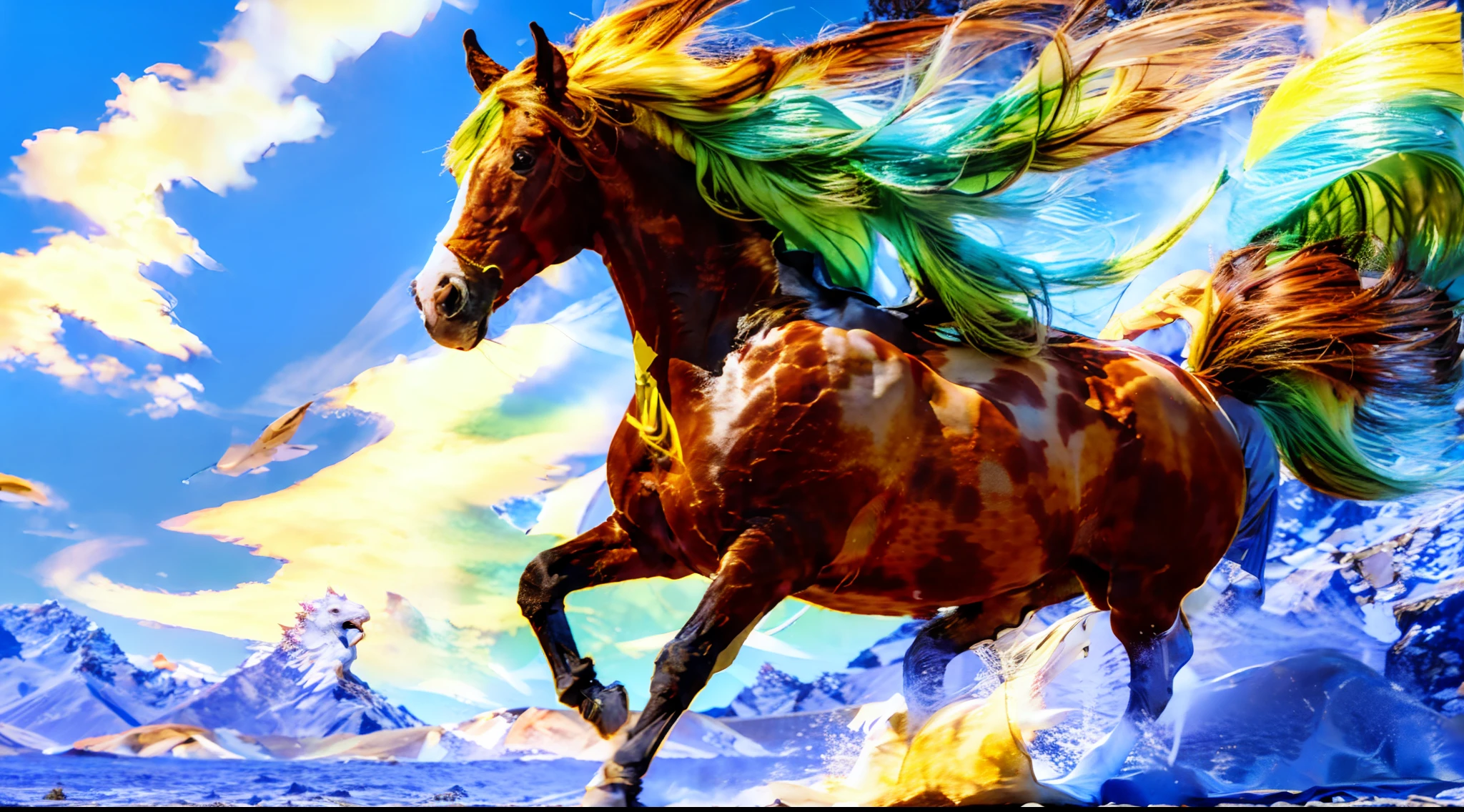 8horses,Ultra-grand scenes,super wide shot,1#cavalos,2#cavalos,3#cavalos,4#cavalos,5#cavalos,6#cavalos,7#cavalos,8#cavalos。Eight extremely special and rare horses surround each other,A large herd of horses galloped ahead,Gallop across the steppe like a clock。The vast plains of the epic scene are rich in aquatic plants,In the distance is the snow-capped summit of Mount Everest,Snow creek flows into the sea,At the other end is the magnificent giant city,The horse team entered and exited from the direction of the city gate。The first is the Light Casting Pegasus from the Supreme Heaven, which has a rainbow aperture from the Supreme Heaven,She rides between light and pure,No additional ornaments are needed to highlight her dignity and holiness,Even the sky showed her a clear sky,She has a deep enmity with the nightmare heavy ride from hell,The two never put their heads next to each other。Surrounded by sulphurous flames, the Hellmare Heavy Ride makes every time a horse's hooves fall, stepping flat grass out of the lava from the ground。The sky of the steppe is brighter because of the rainbow,And lava makes the earth deeper。The wind wings of the wind elf horse let its position be erratic,She carries a cyan aperture lightly and always can't help but tease the mechanical horse。The mechanical horse is full of mecha beauty,The shoulder back position always reveals delicate mechanical fittings,Four kicks with a hydraulic pump and electromagnetic ejection device。Unicorns want to steal all the horses' limelight with their pure and flawless beauty,Her unicorn flashed with the power of thunder。But on the side, the fairy dragon horse is comparing with it,The fairy dragon is full of small stars shining with magical brilliance。Their unique elven-patterned armor and colorful saddles make them the most stylish horses。The female knight is charging on her knightly warhorse,Her lofty ideals made her will unstoppable,There is no doubt that she is the protagonist of this picture。And a chaotic