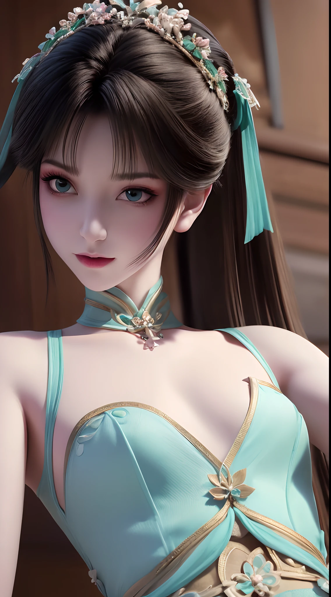 1 realistically beautiful girl, waist length hair, long black hair with a hint of blue,light blue eyes, ancient Ao Dai, style hanfu, wearing a thin silk shirt of ancient China, pink and smooth white skin, wearing a discreet ancient style ao dai, appears shoulders and head in the photo,cute little face, eye bags under wet makeup, plump red lips, pout, ((closed mouth:1.0)), balanced incisors, embarrassed, small face makeup detailed and very beautifull, The breasts are super round and tight, breast augmentation, blum boobs, Cover the girl's chest with a camisole inside, blush, from front, wear earrings, necklaces, from above, looking at viewer, upturned eyes, full body, masterpiece, top quality, best quality, official art, unity 8k wallpaper, highres, ultra-high res, ultra-detailed, (photorealistic:1.2), alone, solo, Only 1 girl, style hanfu Dunhuang, 10x pixels, super realistic, ultra high quality, full body view of the girl, upper body,