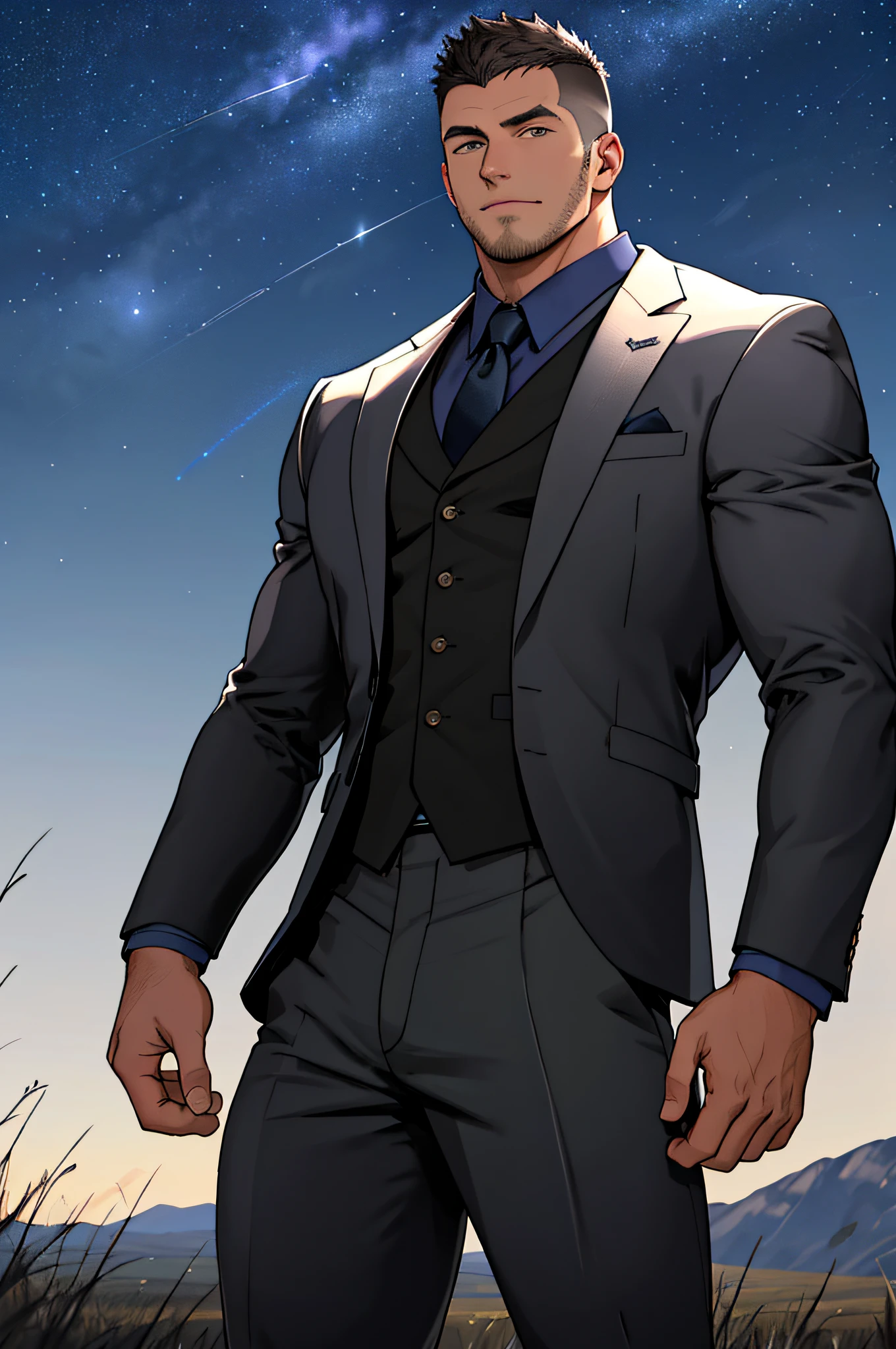 Draw a full-fledged footballer，Standing on the steppe at night，He wears a fancy suit，The man looks confident and determined，looking-down，Crew cut，full bodyesbian，Stars dot the sky，shooting from below，Big moon highlights background