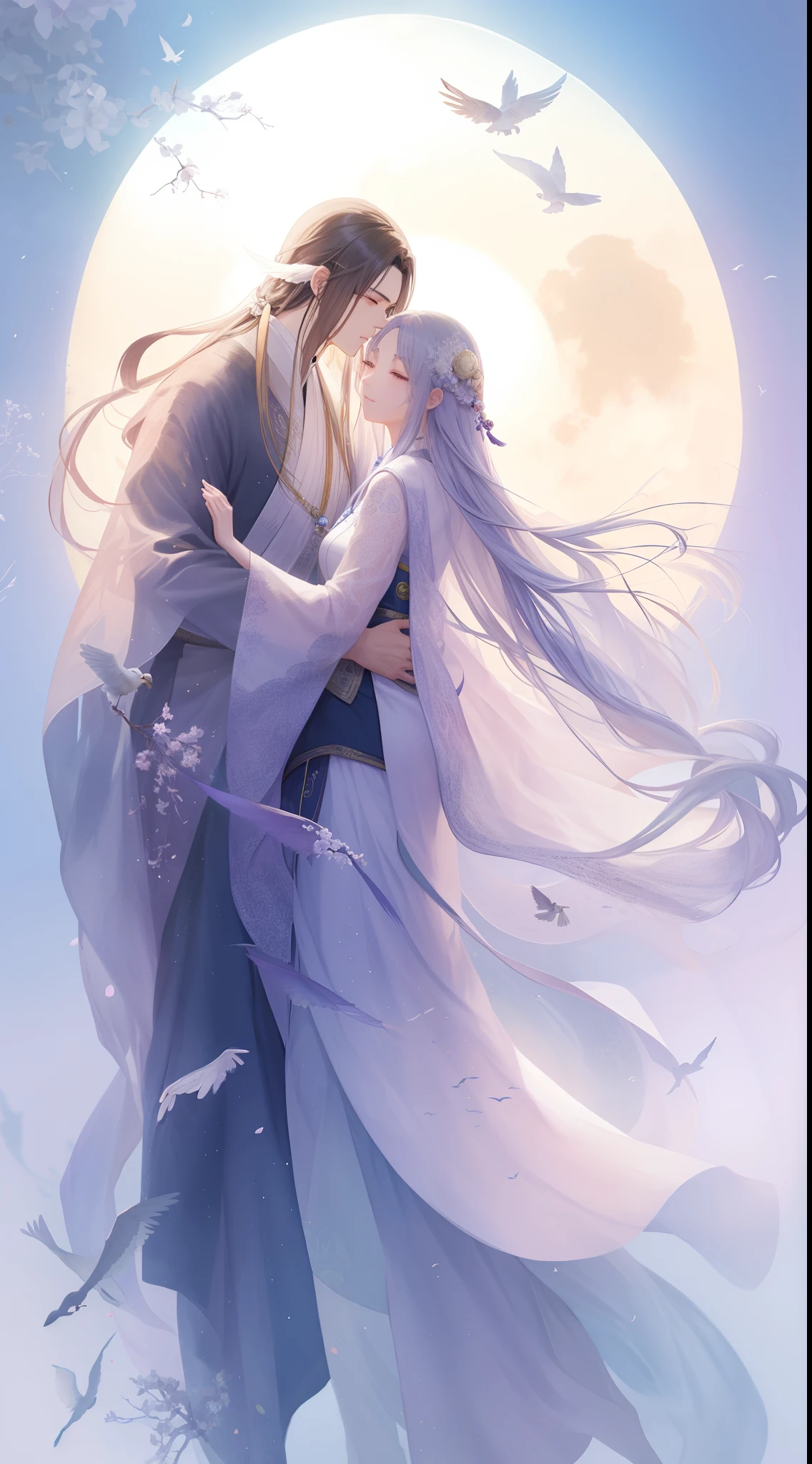 Anime couple hugging before full moon,Birds fly around, A beautiful artwork illustration, xianxia fantasy, by Yang J, author:Qu Leilei, flowing hair and long robes, concept art of love, By Li Song, Beautiful depiction, Chinese fantasy, Beautiful digital artwork, Beautiful illustration, By Ni Tian, By Leng Mei, By Ni Duan