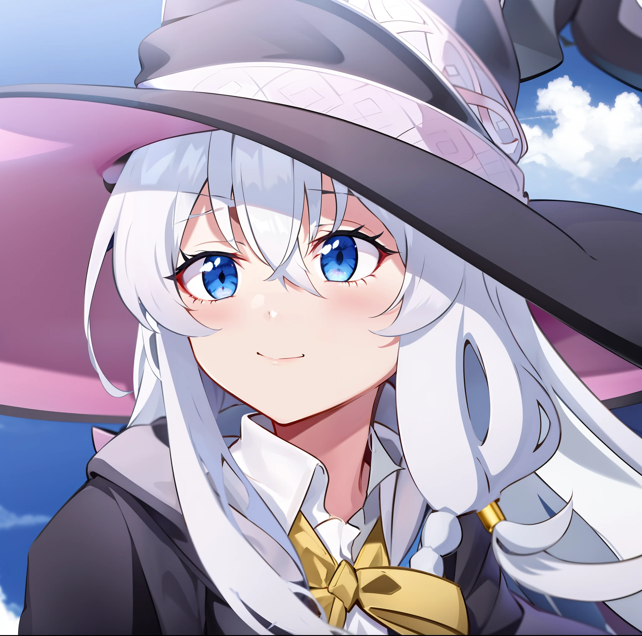 White long hair anime girl with black hat and bow tie, flirty anime witch casting magic, witch academia, anime visual of a cute girl, popular isekai anime, marisa kirisame, Today's featured anime stills, the witch, still from tv anime, anime visual of a young woman, sky witch, portrait of a young witch girl, isekai