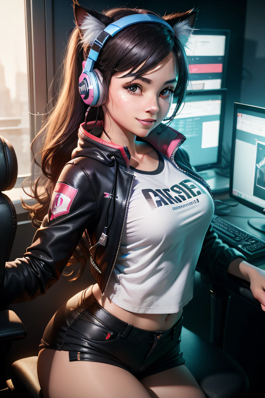3D style, technology view, cute, realistic female esports player, light smile, confidence, with headphones, cat lady