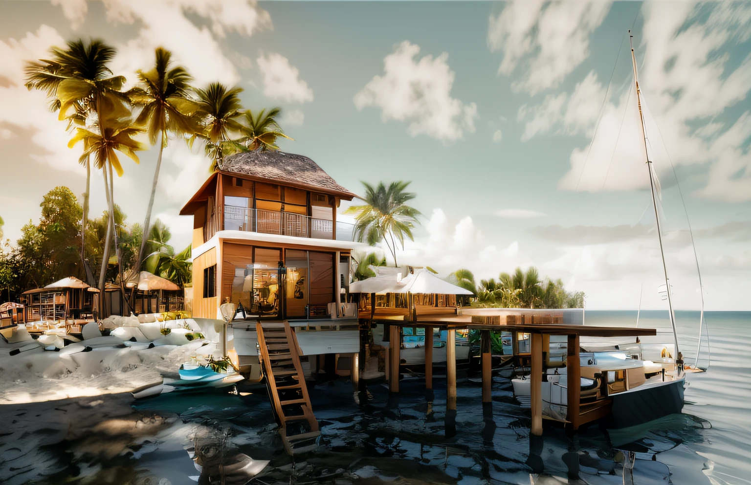 Tropical style beach house, cafe, crowded, surreal, 8k, HD, corona