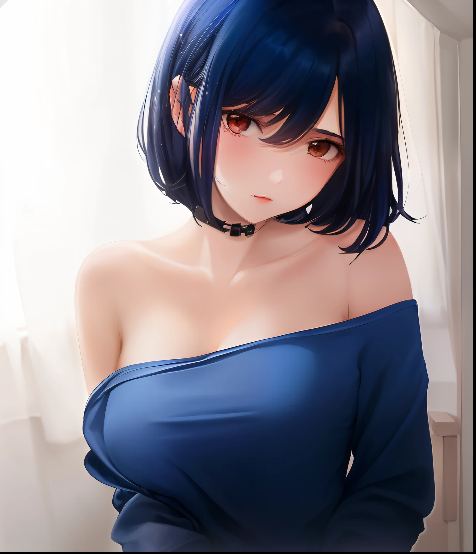 (((1 girl)), ray tracing, (dim lighting), [Detail background (bedroom)), (((dark blue hair)), ((Dark blue hair), (Fluffy dark blue hair, slender girl))) Short hair))) Avoid golden eyes in a sinister bedroom ((The girl is wearing a naked oversized shirt with protruding shoulders and pulling her shirt), Shows a delicate slim figure and graceful curves, medium breasts