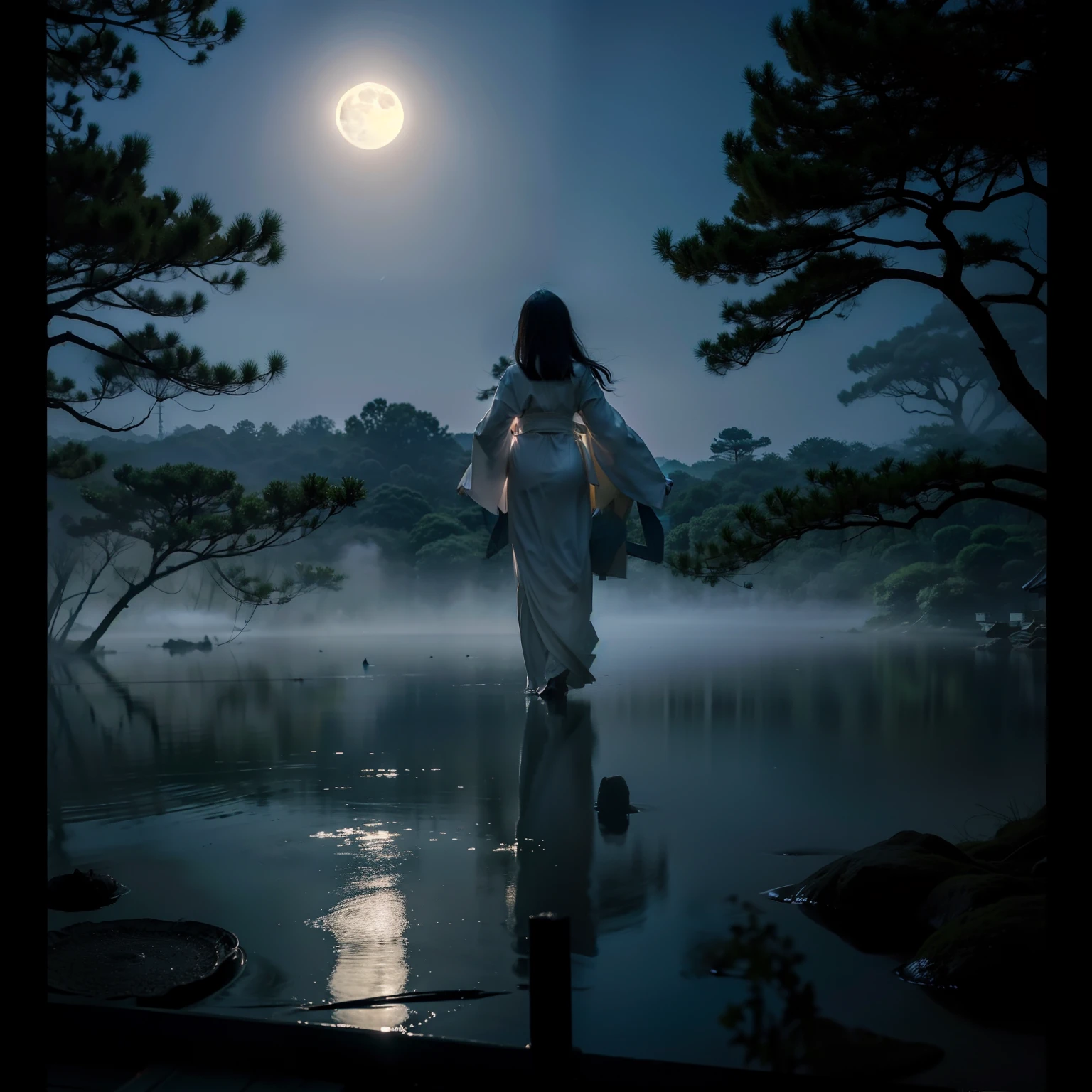 View of the Japan、a beauty girl、full body Esbian、ghosts、Grave、Temples、moonlight、white  clothes、kimono、haunted、
horor、roto、Distorted、a moon、Foggy、fumo、dark  forest、shadowy creatures、tray、Human soul、youkai、Demon Fox、
​masterpiece、超A high resolution、hightquality、lighting like a movie、