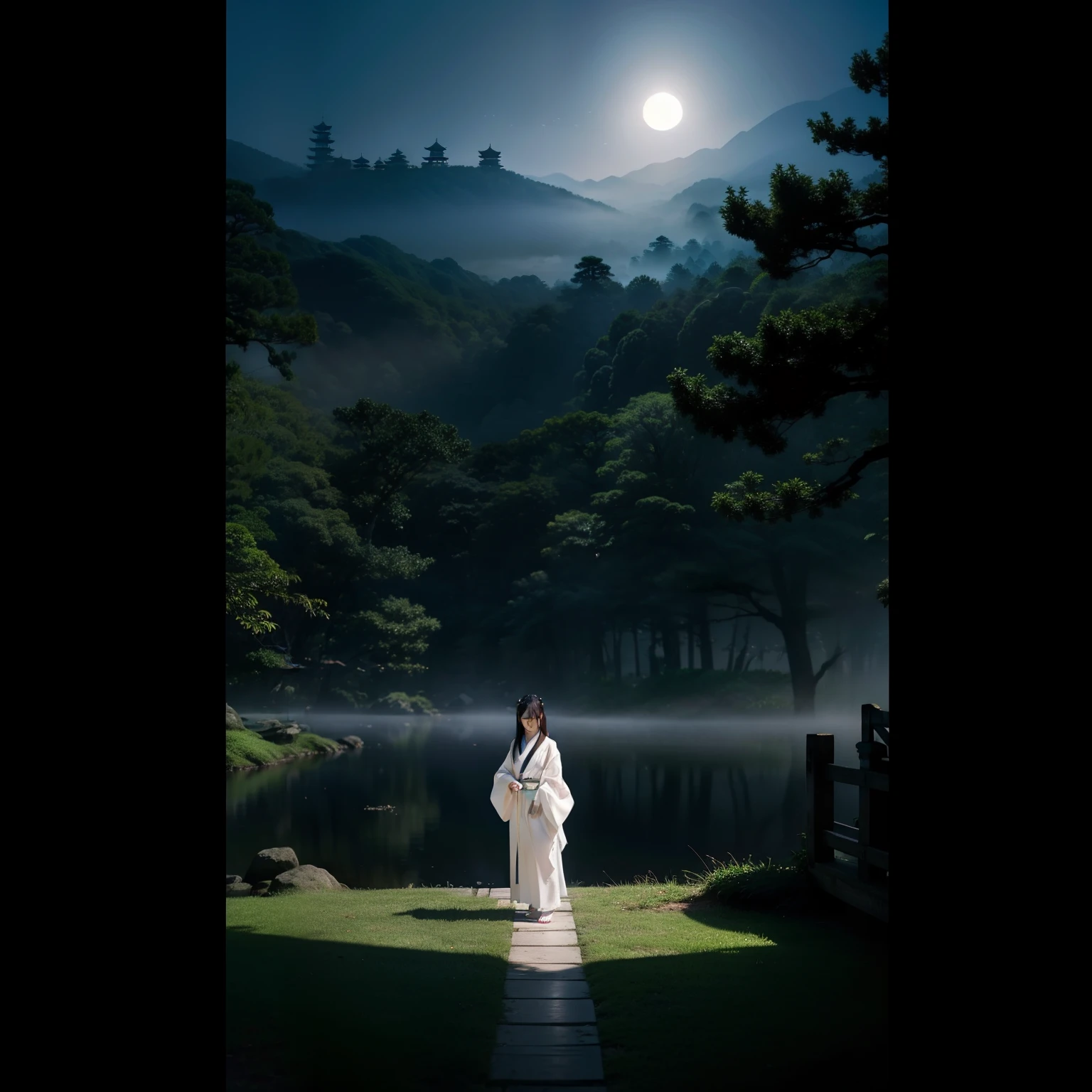 View of the Japan、a beauty girl、full body Esbian、ghosts、Grave、Temples、moonlight、white  clothes、kimono、haunted、
horor、roto、Distorted、a moon、Foggy、fumo、dark  forest、shadowy creatures、tray、Human soul、youkai、Demon Fox、
​masterpiece、超A high resolution、hightquality、lighting like a movie、