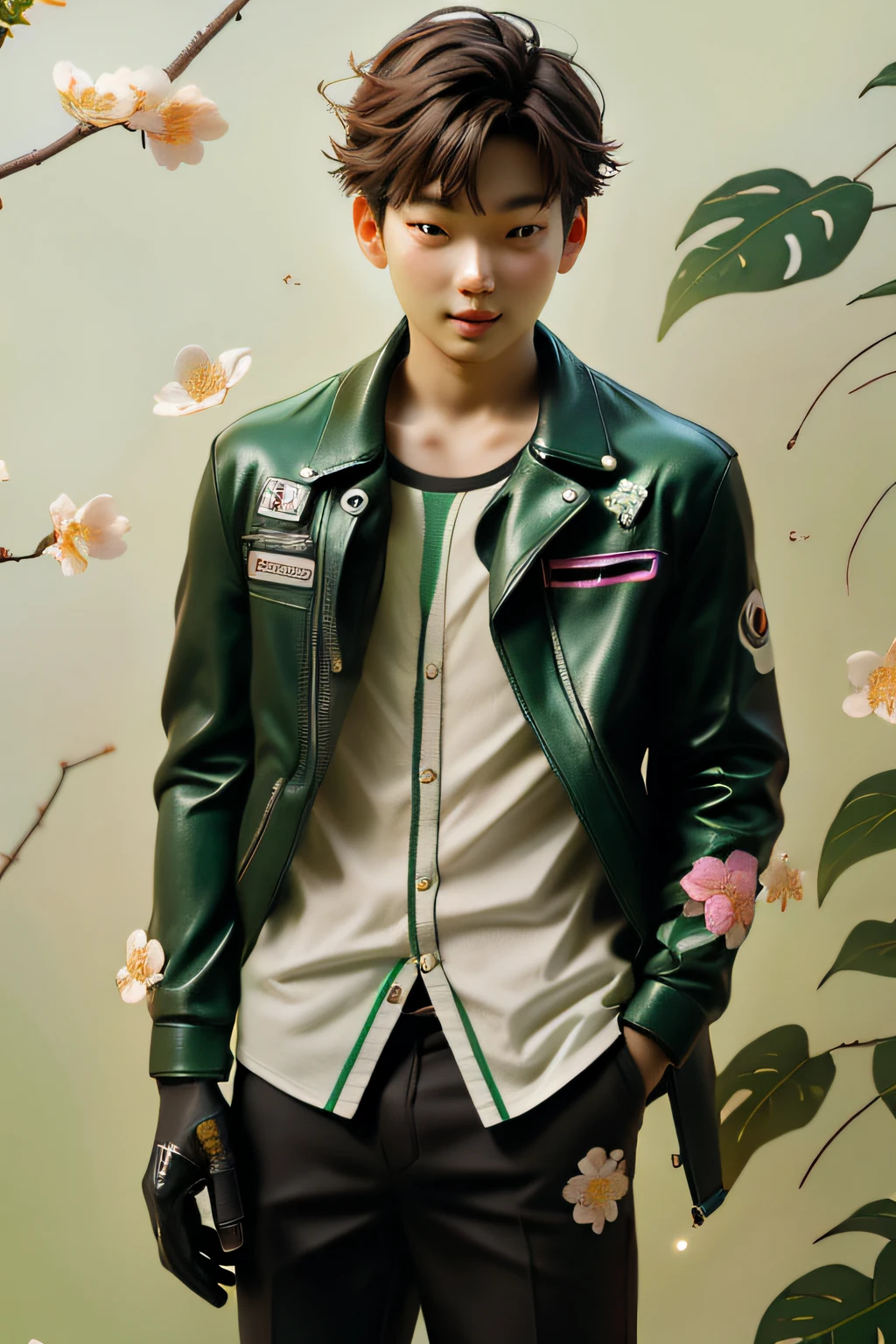 green leaf, jungles，Flowers, Boy on motorcycle，holding a pistol in hand，Kamen Rider，A boy's face poked his head out of the leaves，coloured background，Neon streamers，（Highest image quality）， （The work of the master）， （Hyper-detailing）， （eye detailed： 1.0）， （light flare lens： 1.0）， （unwind， downy ：1.2）， （Light beauty details：1.0），（ssmile：1.0） ， （{eyeslashes|eye shadows||}）
