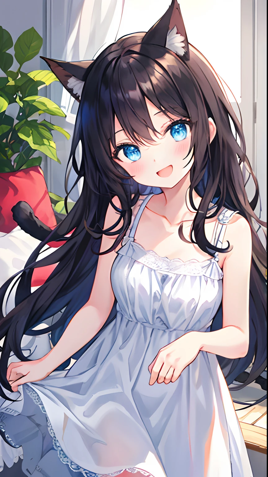 beautiful illustration, best quality, cute girl, black long hair, cat ears, blue eyes, happy, white sundress, lace, sleeveless, collarbone, indoor, head tilt