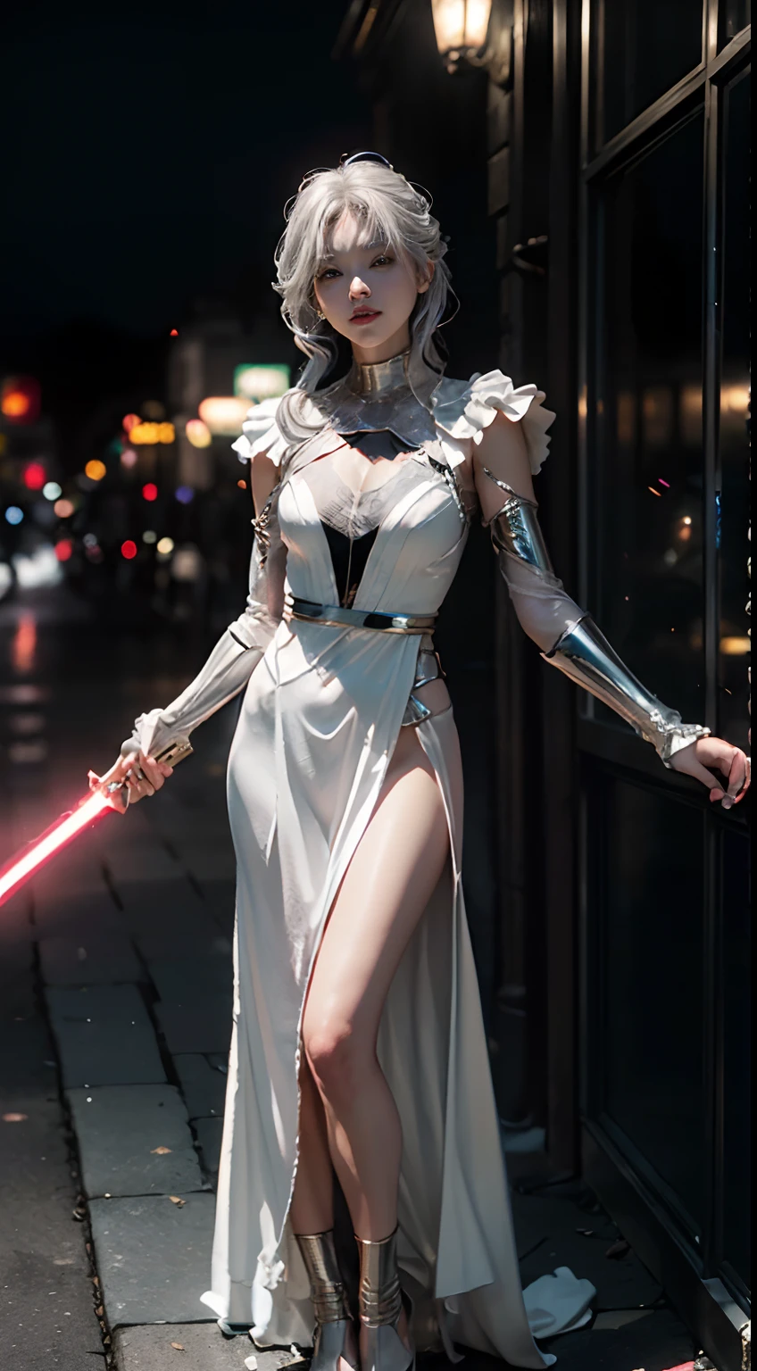 (Extreme Detail CG Unity 8K wallpaper、​masterpiece、top-quality)、(exquisite lighting and shadow、highly dramatic picture、cinematic lens effects)、Cute girl in full body gold Spider-Man costume、Silver-gray hair color、Spider-Man Parallel Universes、Wenger、Marvel、spider-man、Dynamic and dynamic poses)、(excellent details、Outstanding lighting、wide angles)、(Excellent rendering、Enough to stand out in its class)、 White Spider-Man Costume、Focus on complex spider textures。Tokyo Tower at night in the background。The fabric of the costume is very thin、Sticks to the skin、Holding a pink lightsaber in his hand、